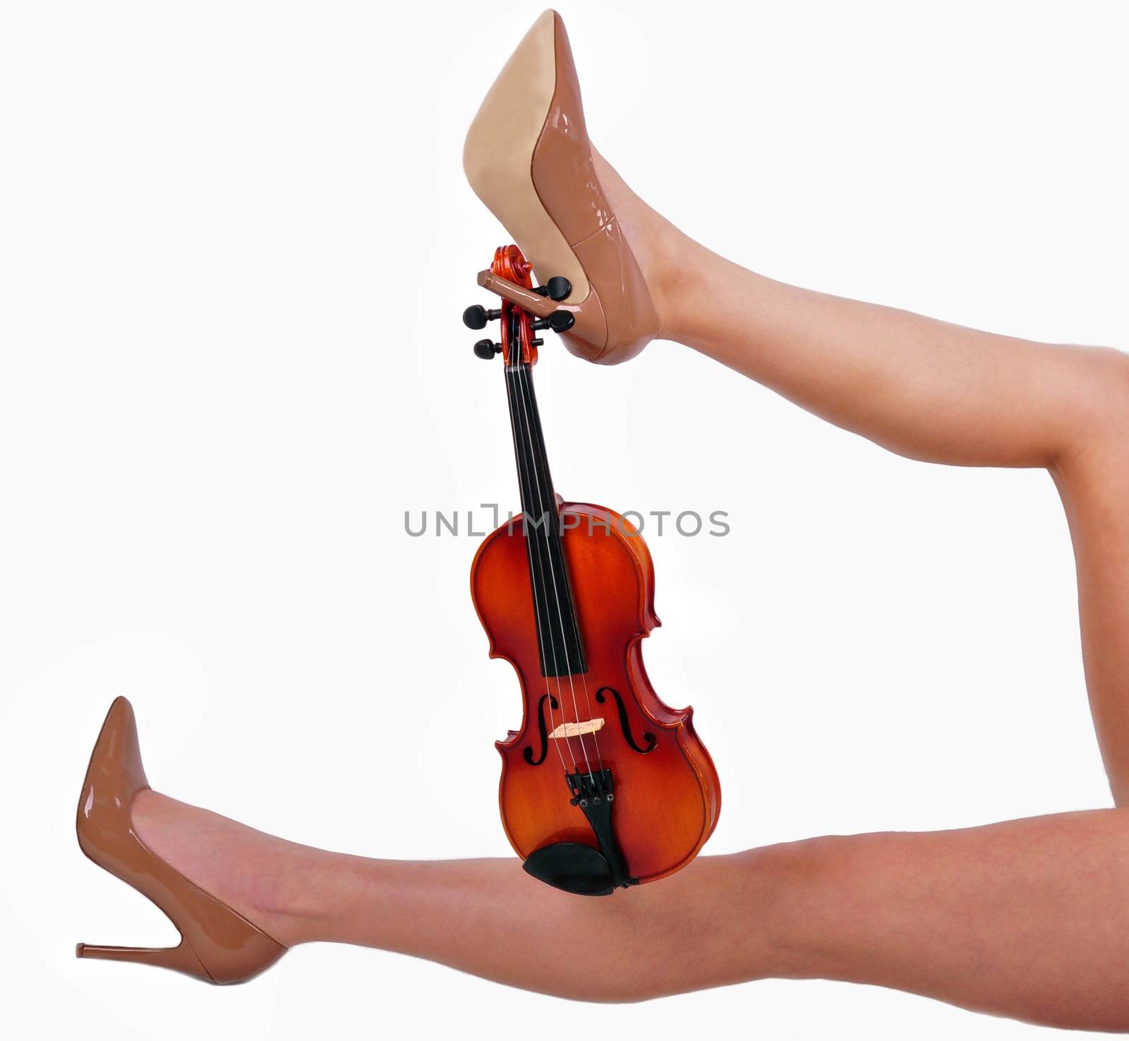 sexy legs girl holding violin isolated on white background