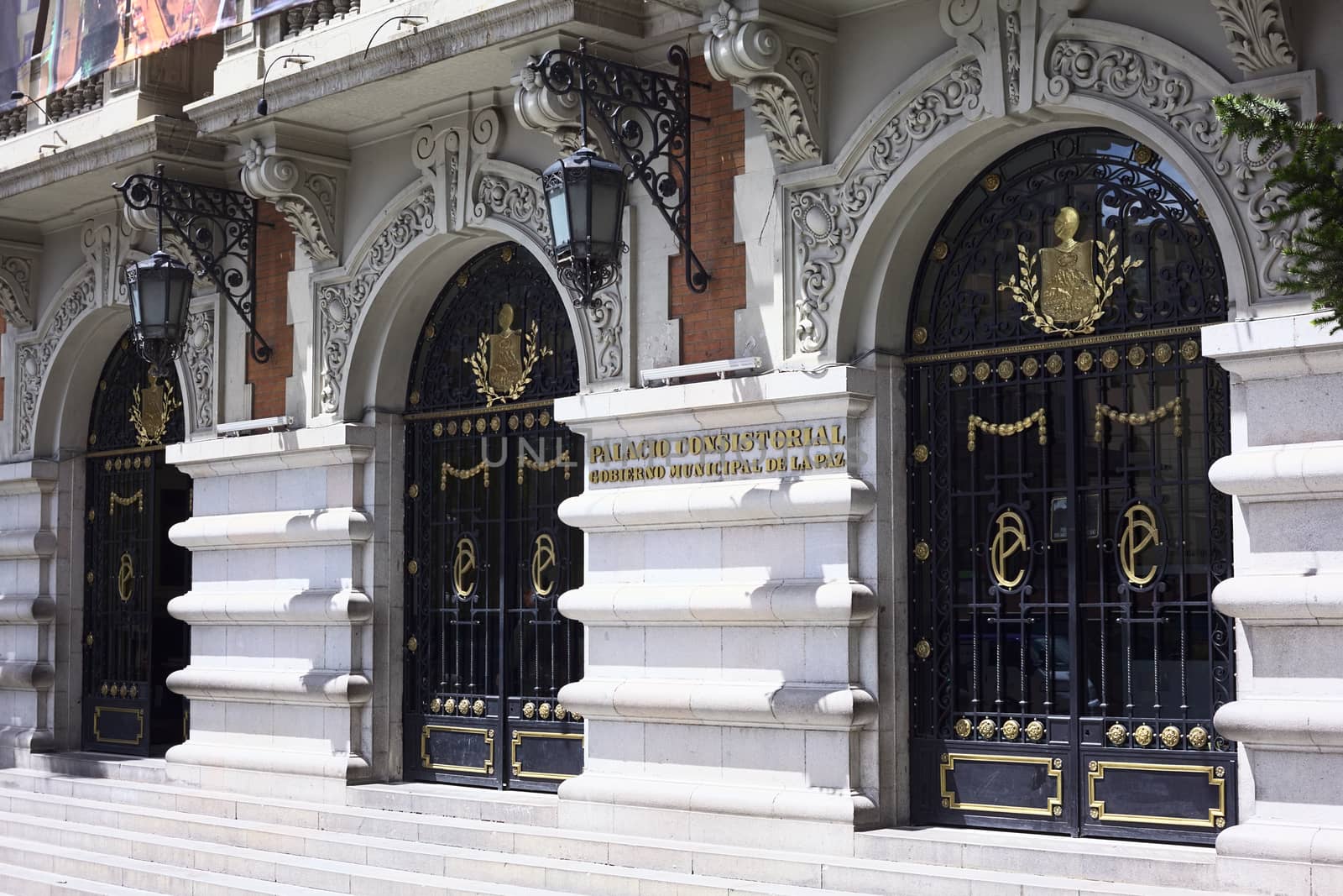 LA PAZ, BOLIVIA - OCTOBER 11, 2014: The entrance of the Palacio Consistorial Gobierno Municipal de La Paz (city hall) on Mercado street in the city center on October 11, 2014 in La Paz, Bolivia