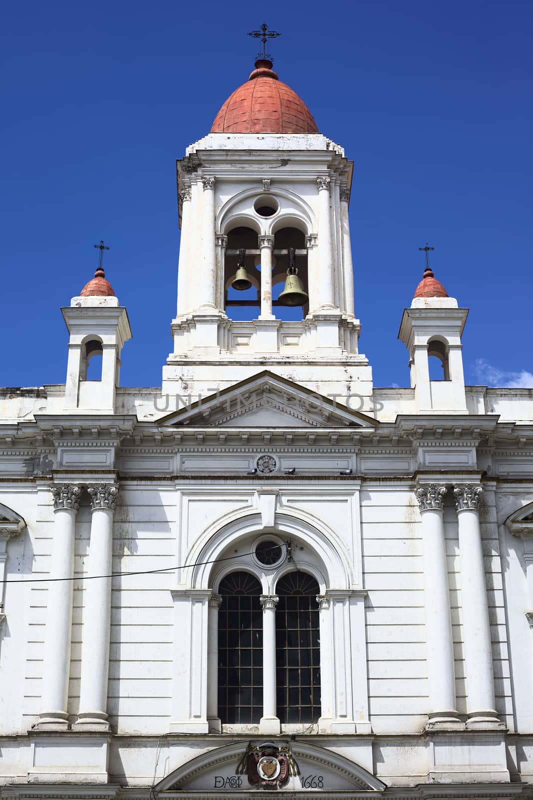 LA PAZ, BOLIVIA - OCTOBER 11, 2014: The bell tower of the church El Sagrario (sanctuary) de San Augustin on Mercado street in the city center on October 11, 2014 in La Paz, Bolivia 