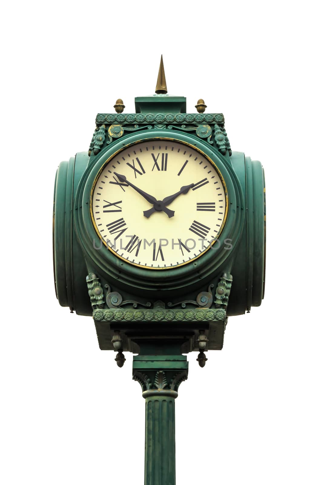 vintage style clock on pillar with roman numerals on white background