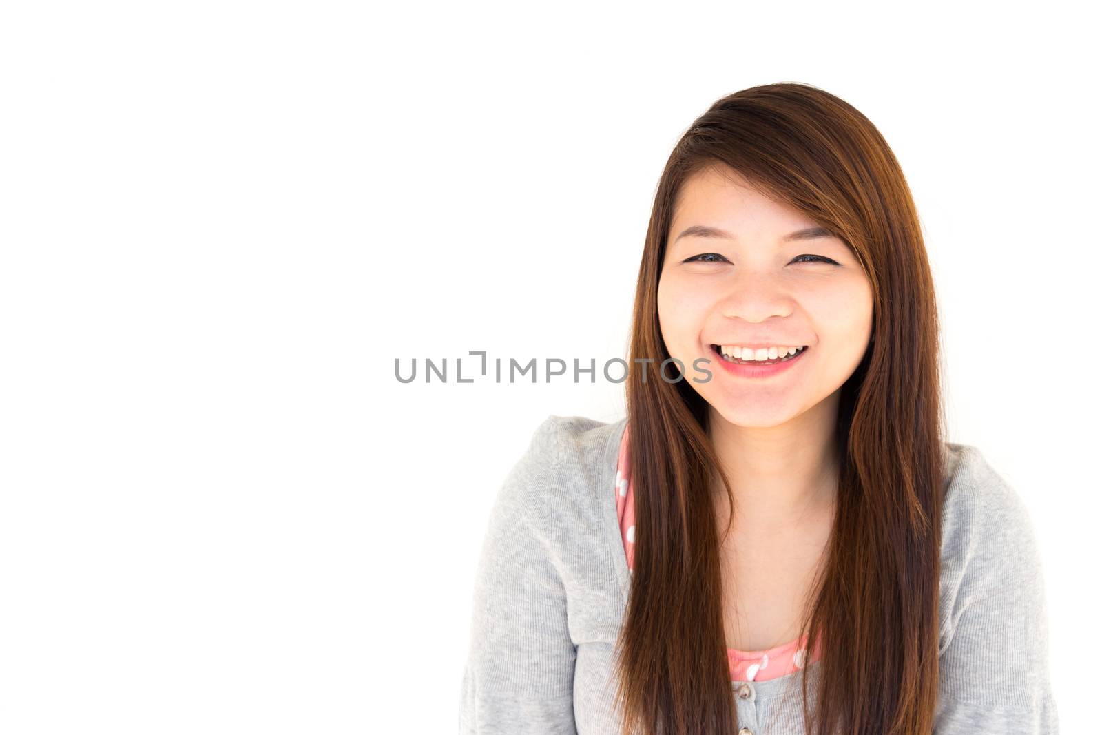 round face and white skin thai hairy woman with gray coat is smiling on white background