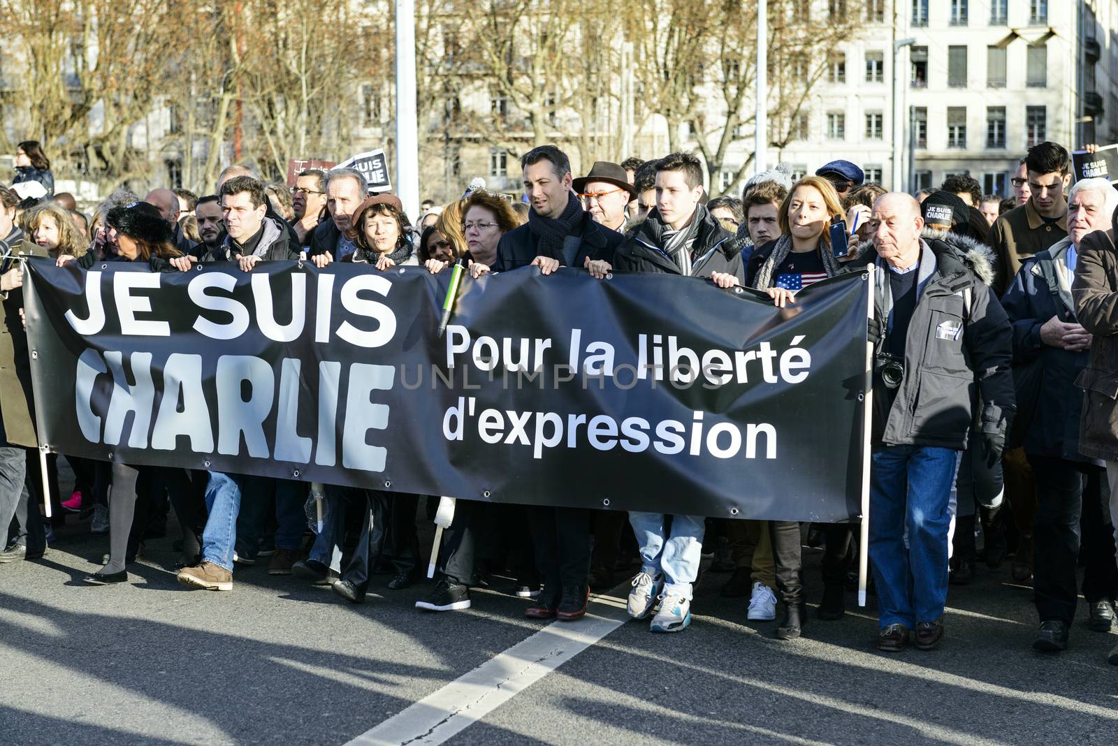 LYON, FRANCE - 11 JANUARY 2015: Anti terrorism protest after 3 days terrorist attacks with peaople dead in Paris France, European Capital