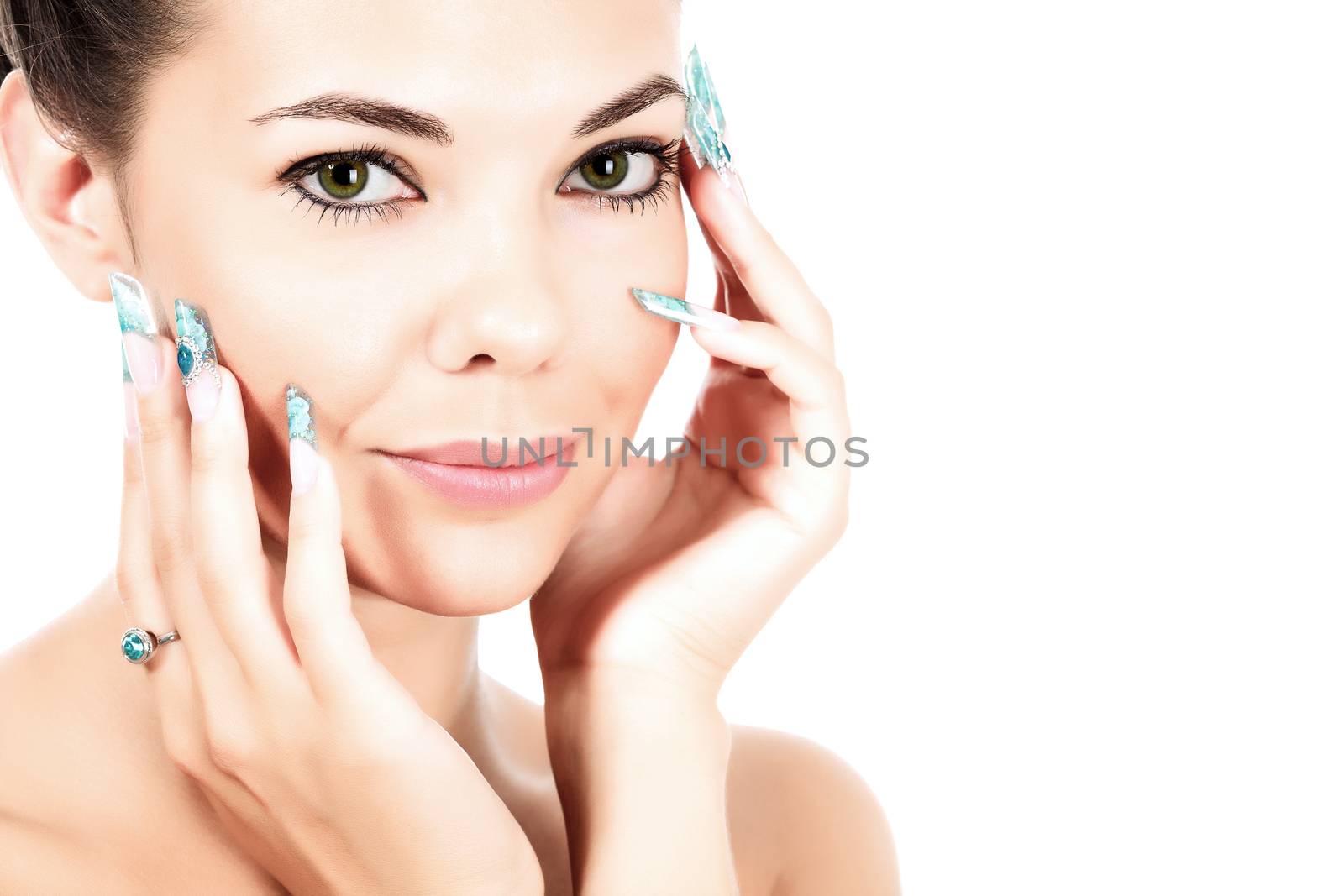 Pretty woman with long fingernails, white background, isolated