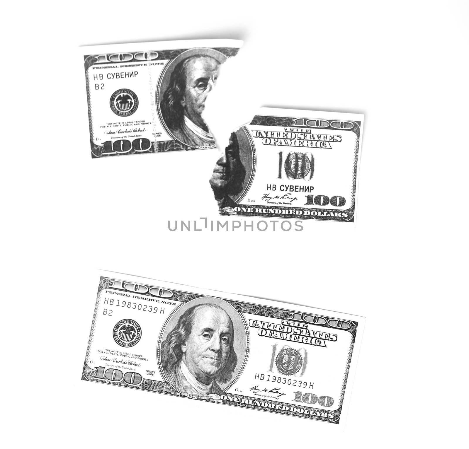 Hundred dollar bill and a broken bill