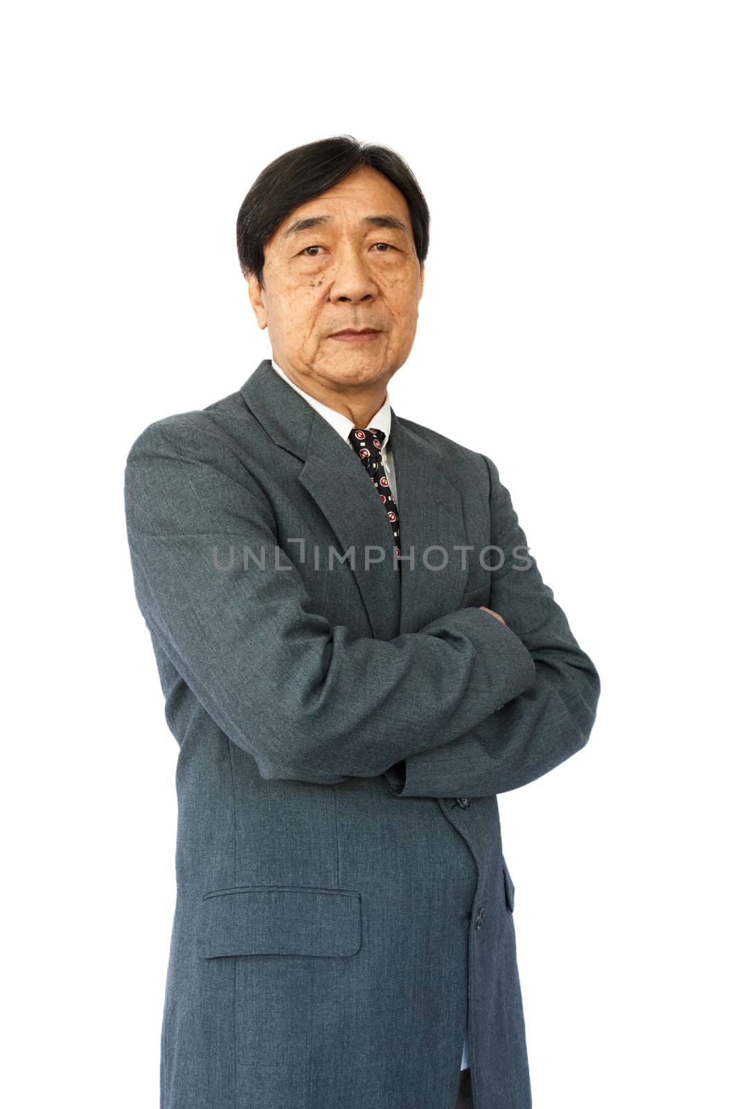 old aged thai businessman is standing and looking on white background(isolated)