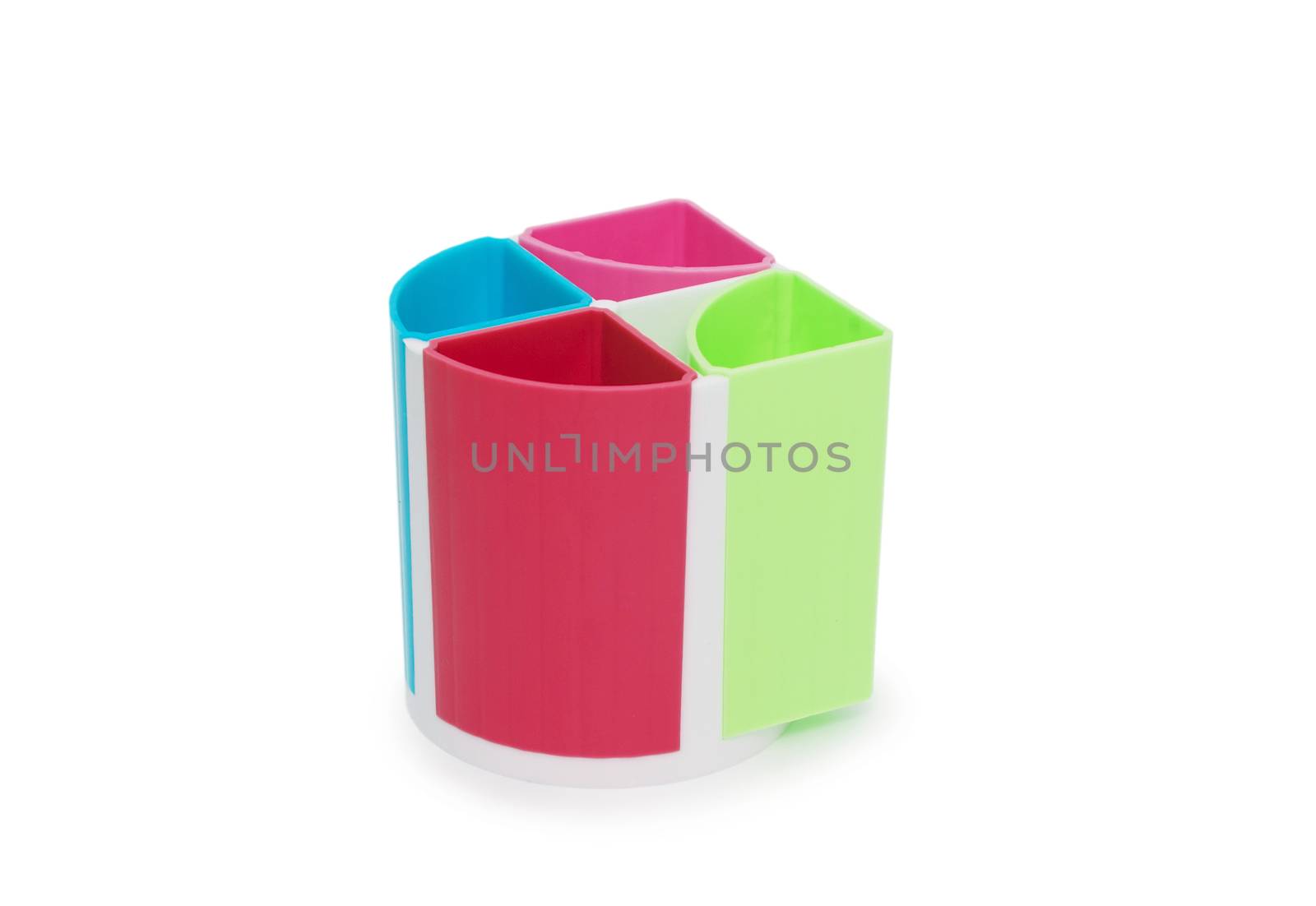 Colorful pencil holder isolated on white background