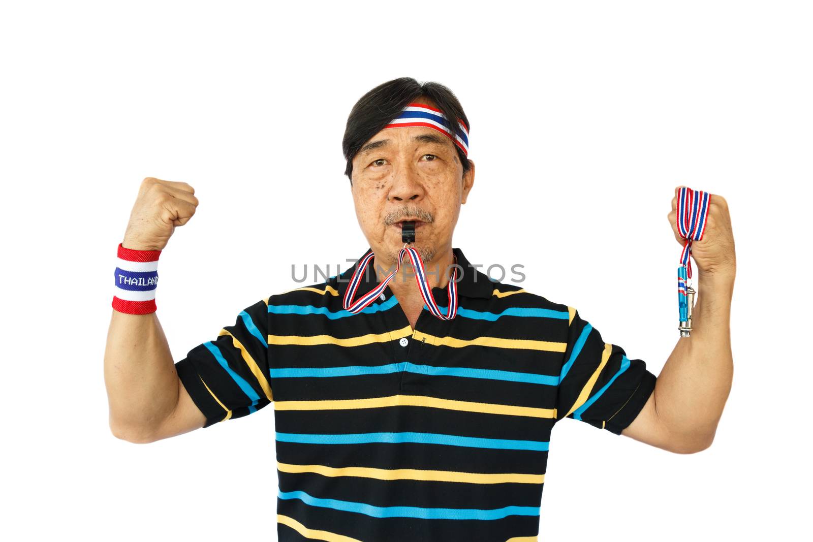 Thai man resist thai government (hold whistle ,blow a whistle and wear wristband) on white background (isolated)