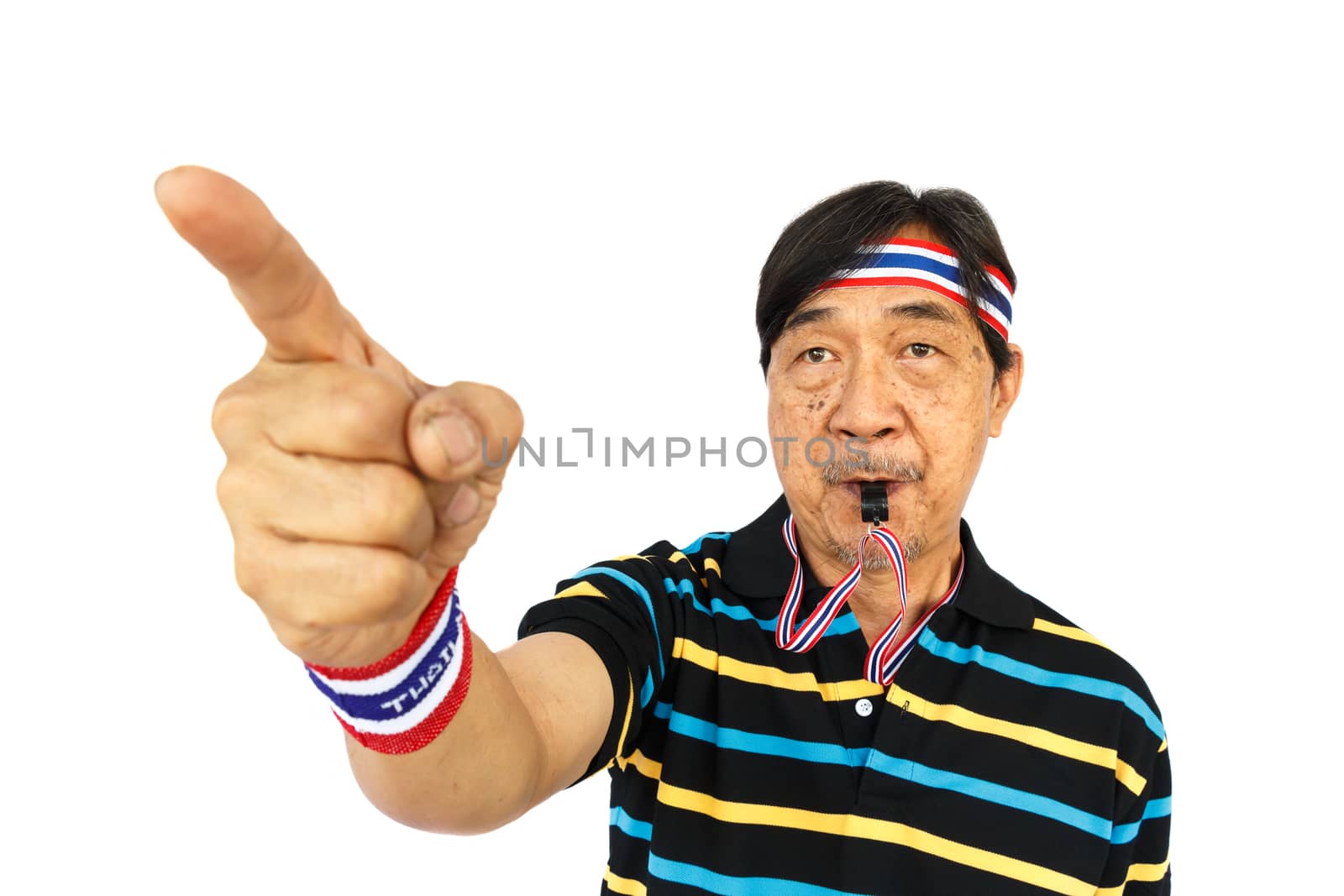 Thai man resist thai government (blow a whistle and wear wristband) on white background (isolated) by stockdevil