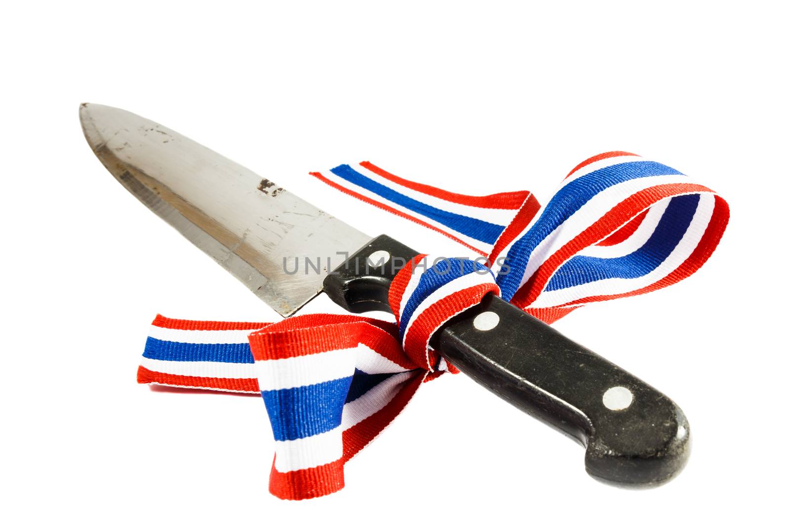 Symbol of Corruption and violence in Thailand (Dirty knife was binded by thai flag ribbon)