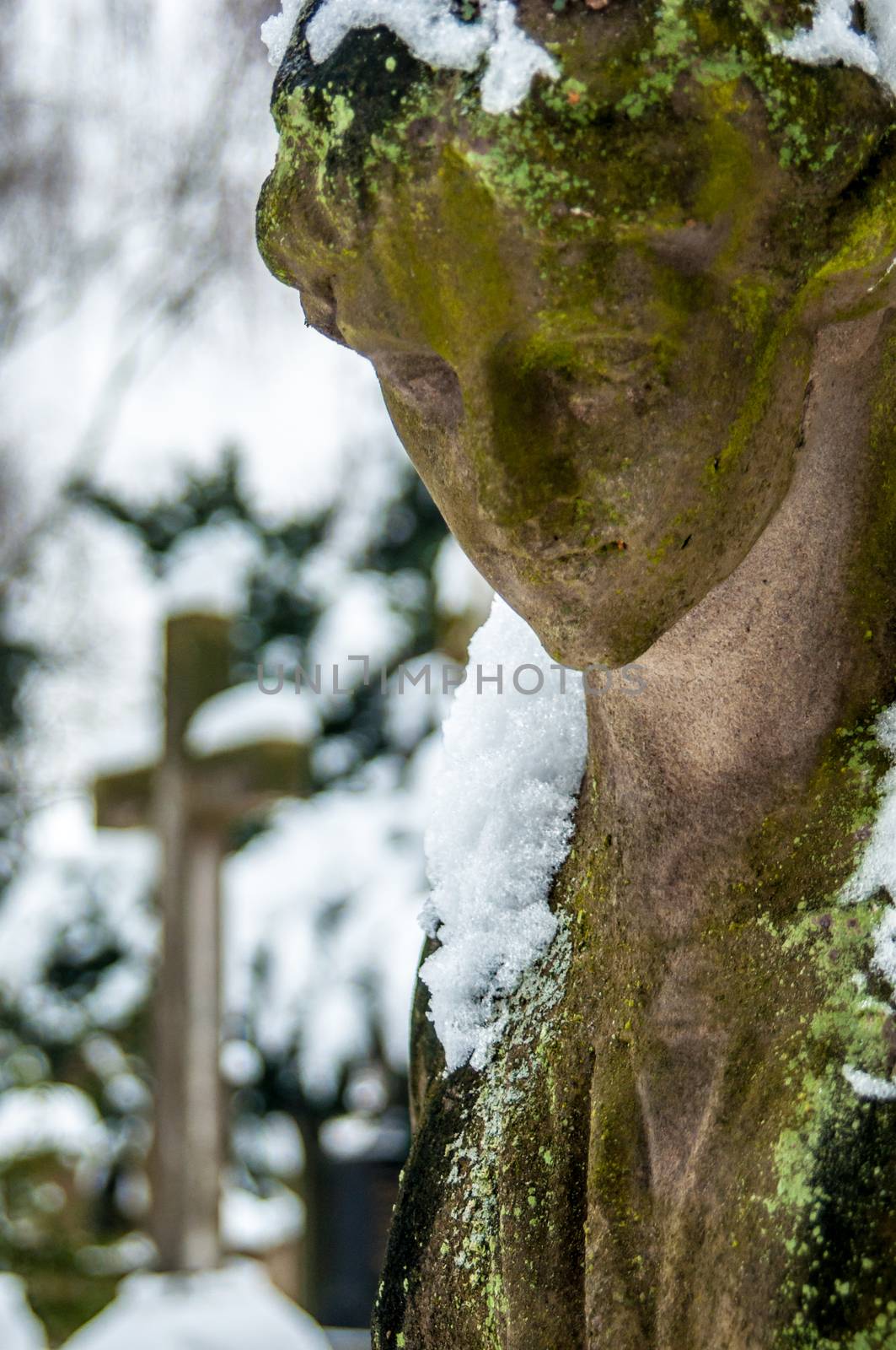 detail of a mourning sculpture on a cemetery