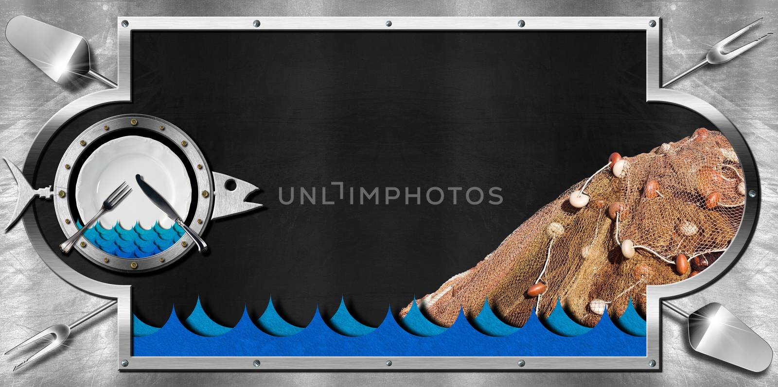 Horizontal empty blackboard on a metallic background with kitchen utensils, fishing net, plate and cutlery and metal fish. Template for recipes or seafood menu