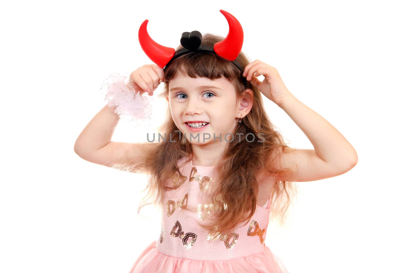 Cheerful Little Girl with Devil Horns on the White Background