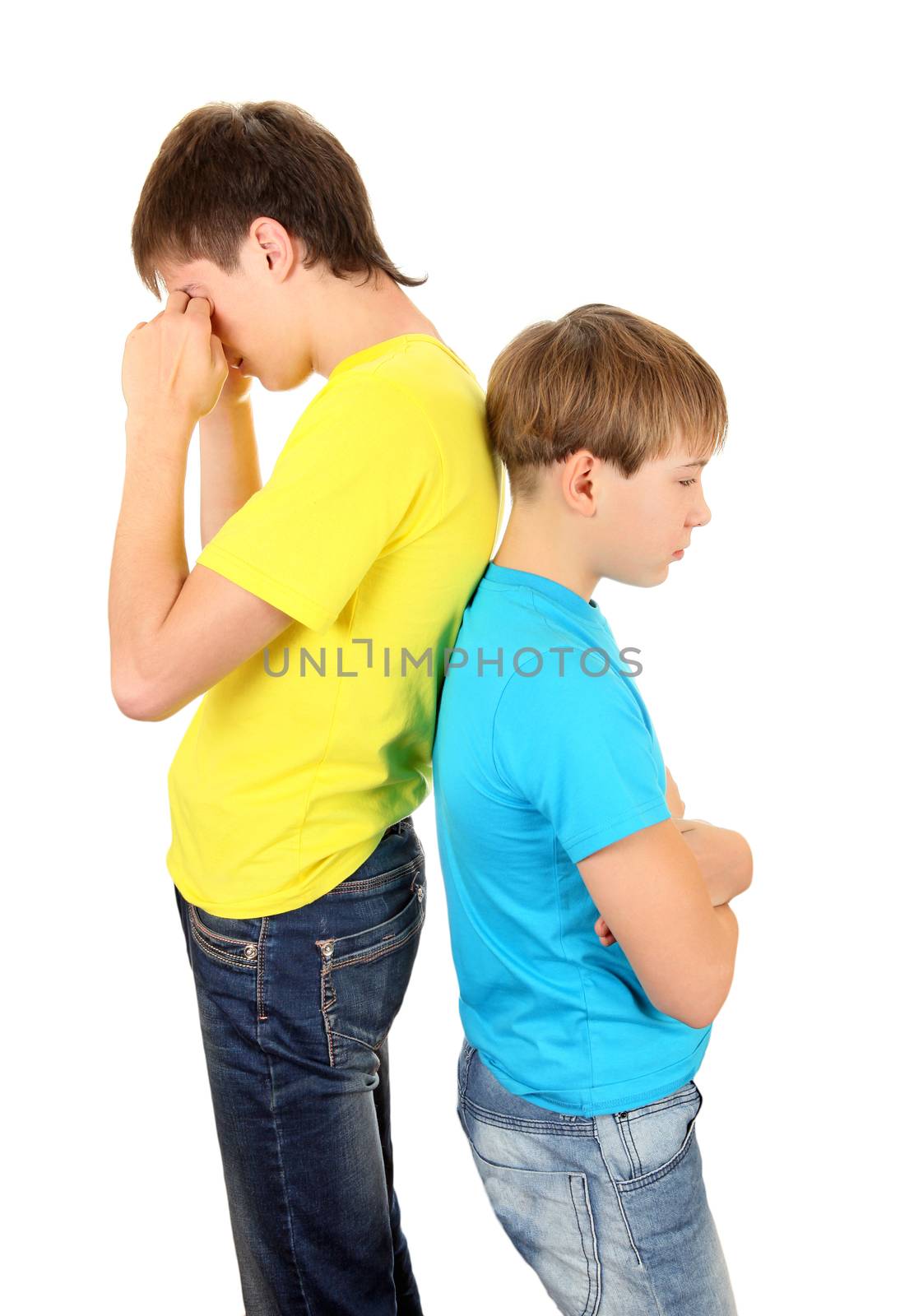 Sad Teenager and Kid stand Back to the Back on the White Background