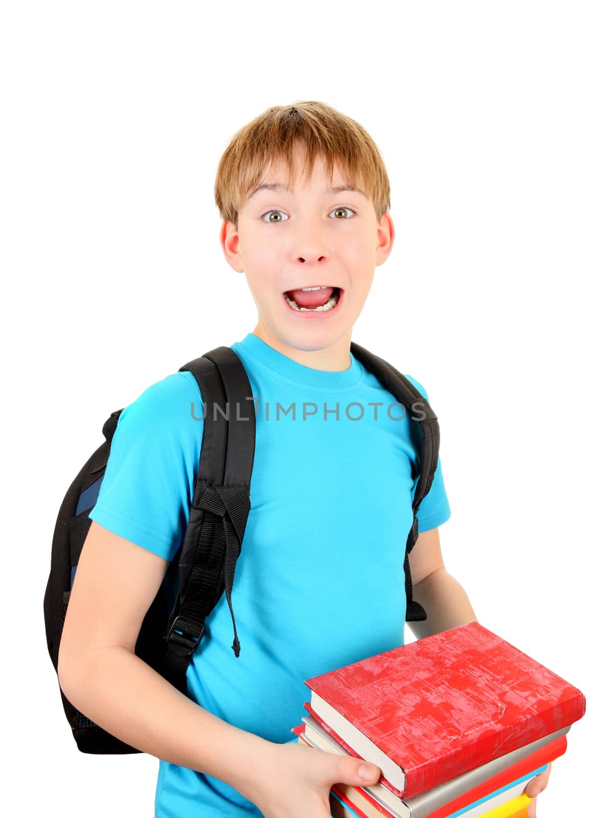 Surprised Schoolboy with a Books Isolated on the White Background