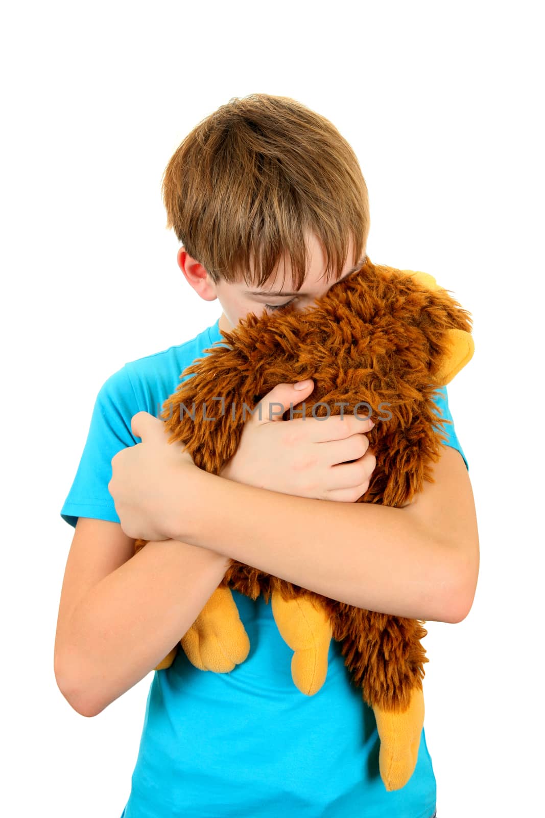 Sad Kid with Plush Toy on the White Background