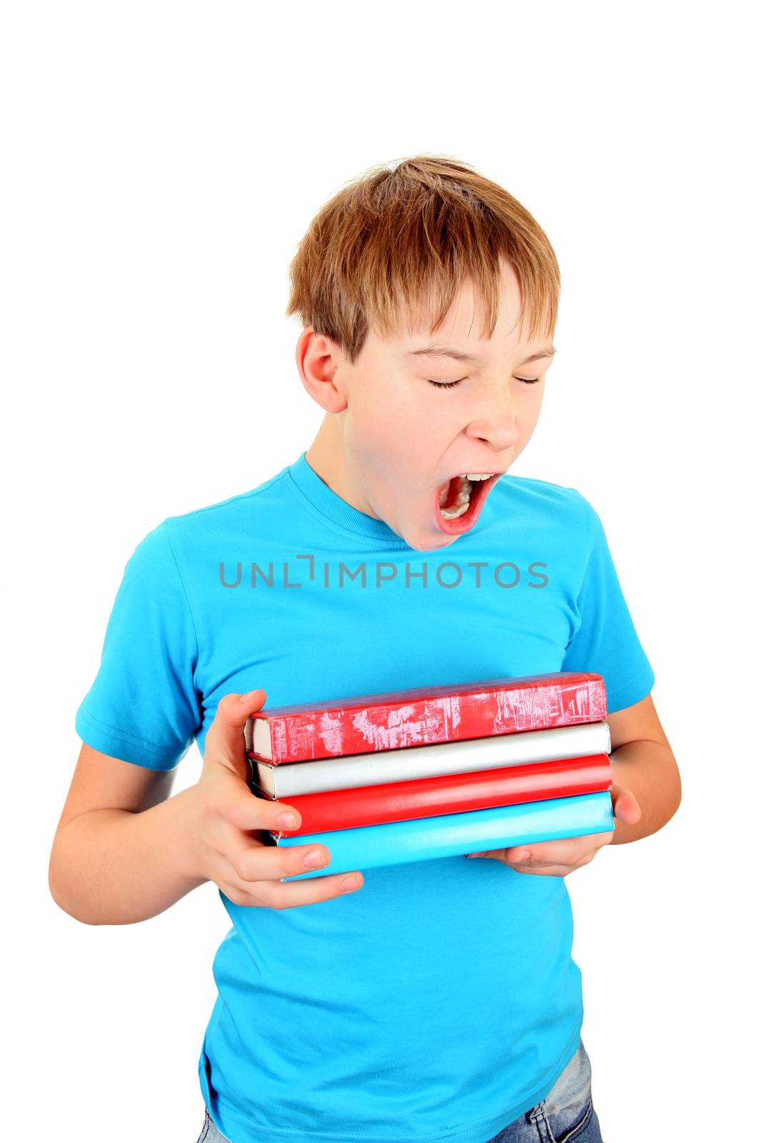 Schoolboy with the Books Yawning Isolated on the White Background