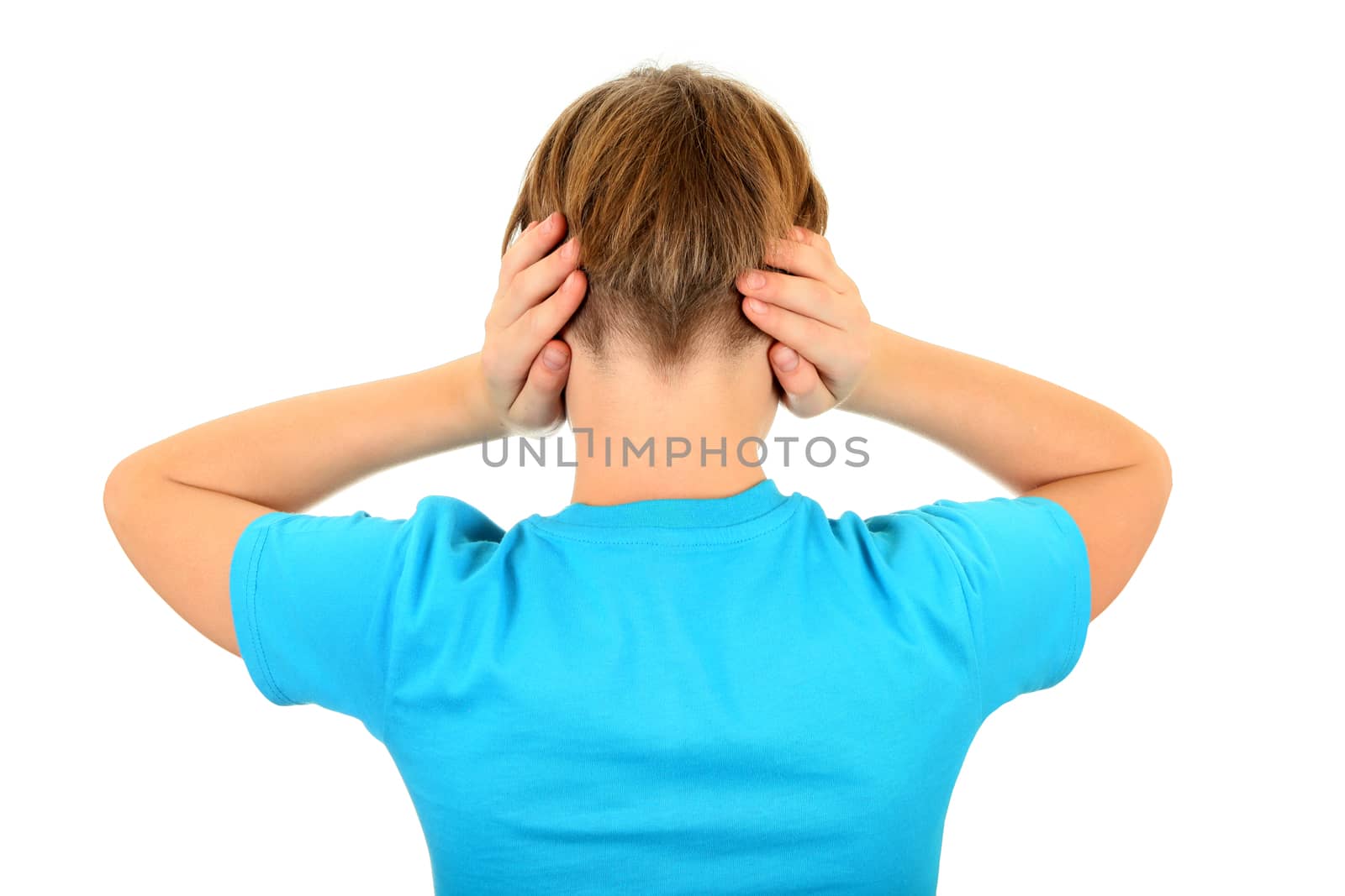 Rear view of Teenager with covered Ears Isolated on the White Background