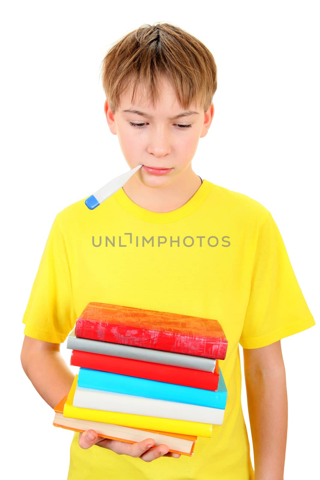 Sad and Sick Schoolboy with Thermometer on the White Background