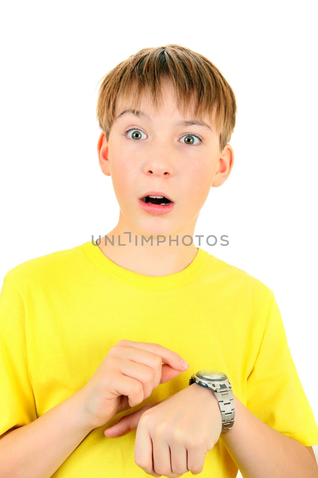 Surprised Kid with the Watch Isolated on the White Background