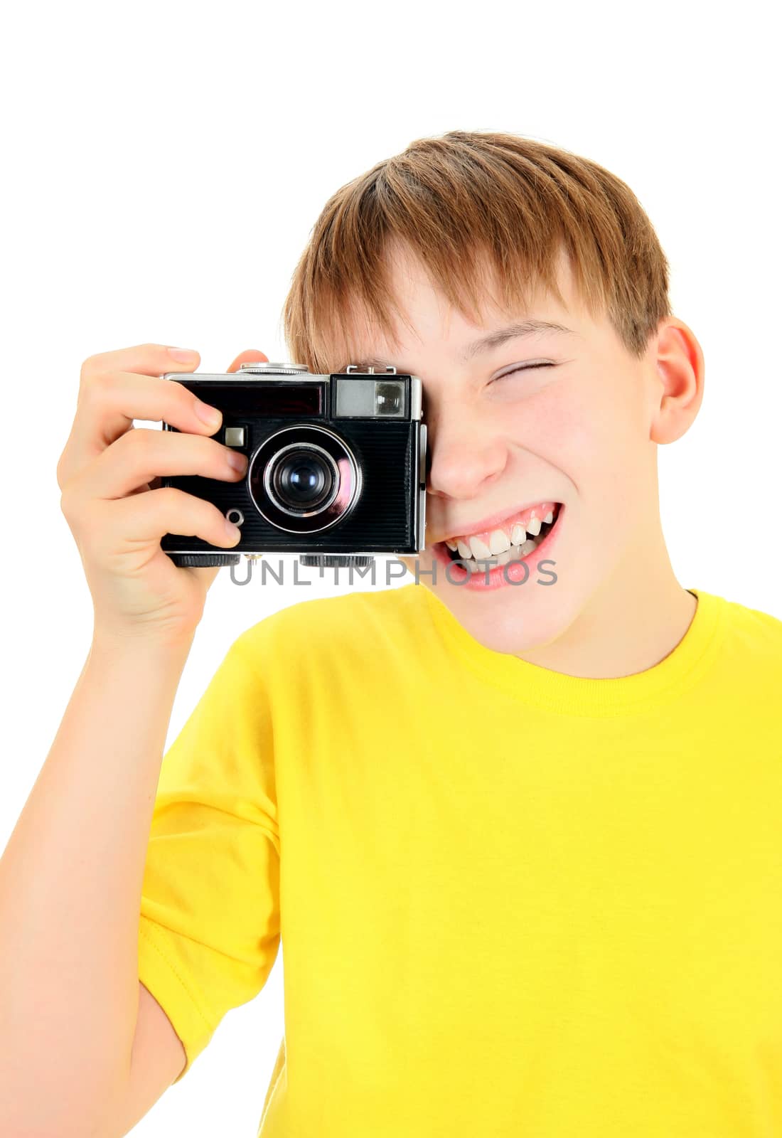 Cheerful Kid with Vintage Photocamera Isolated on the White Background