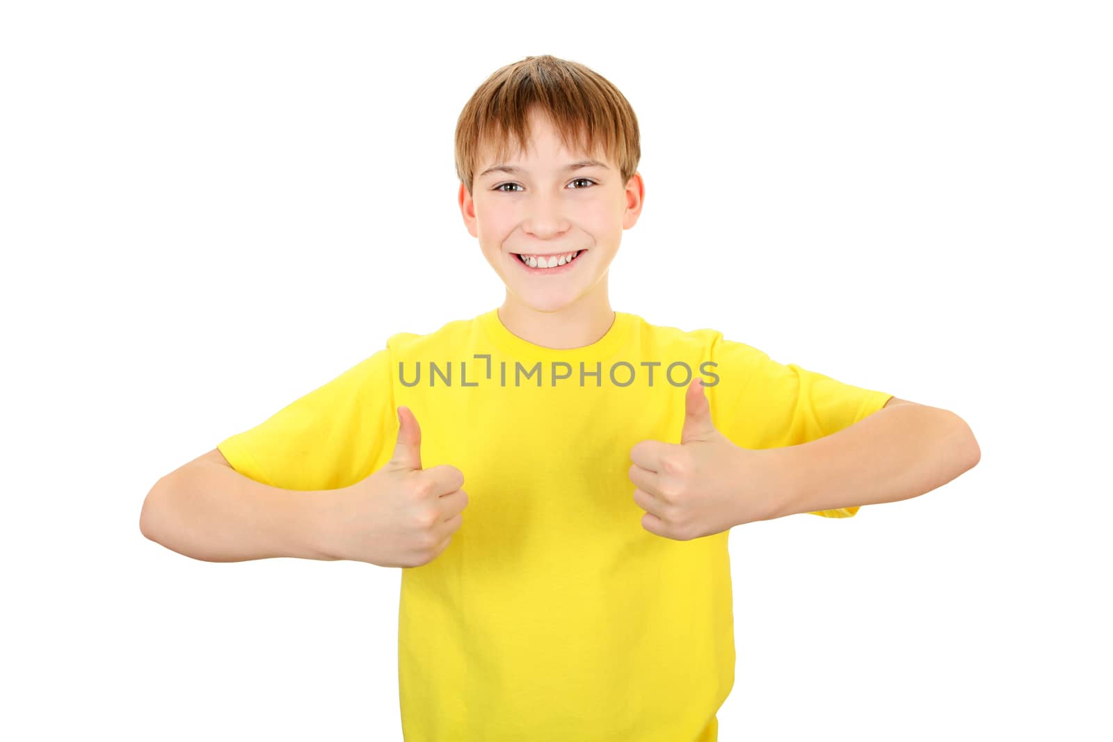 Cheerful Kid with OK Gesture Isolated on the White Background