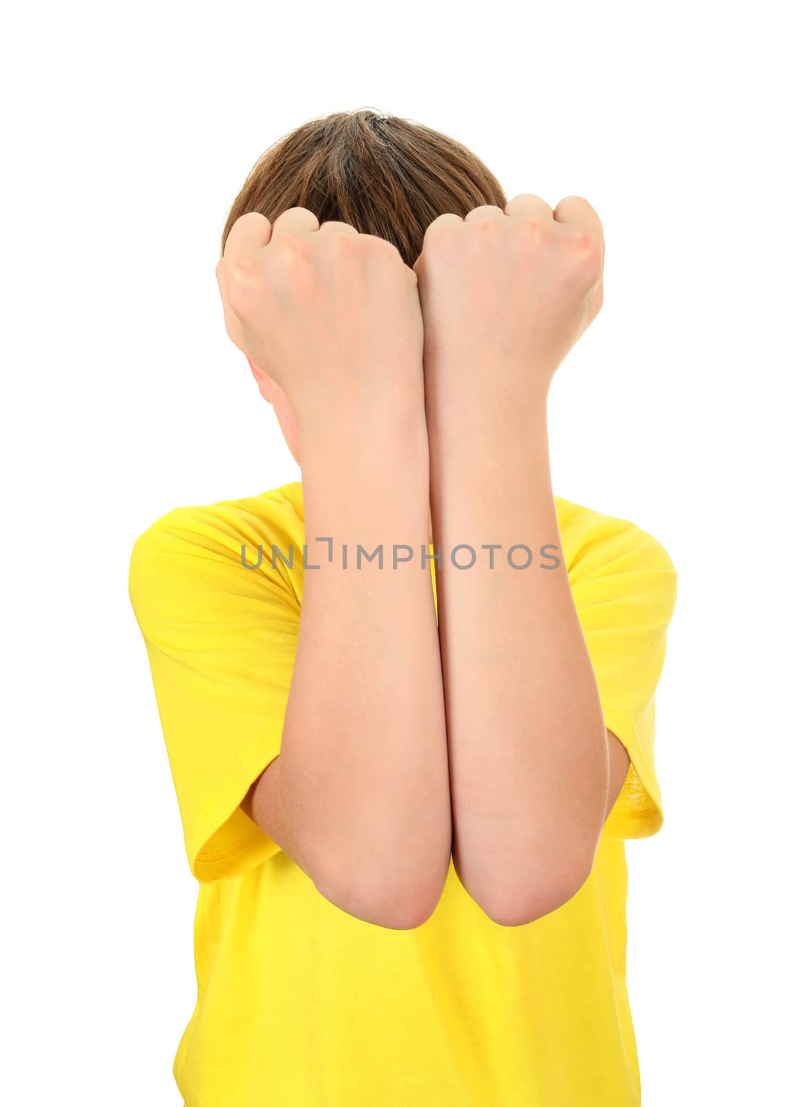 Kid close the Face Isolated on the White Background