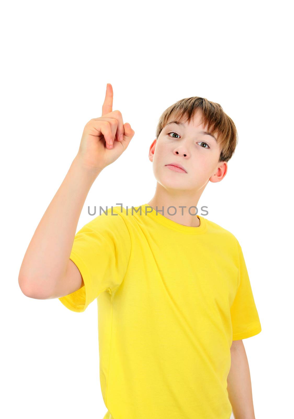 Kid pointing up Isolated on the White Background