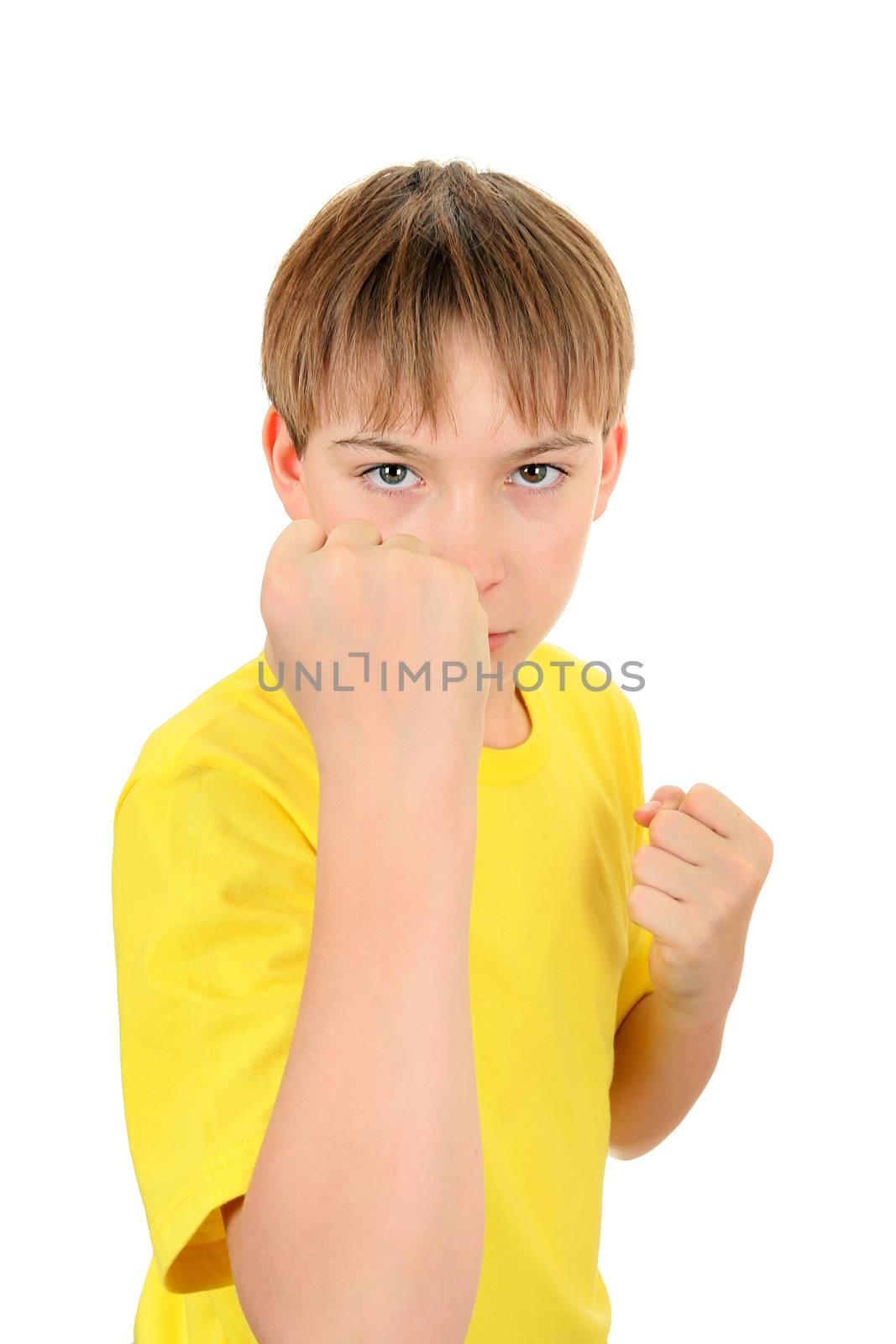 Serious Kid in Boxer Pose Isolated on the White Background