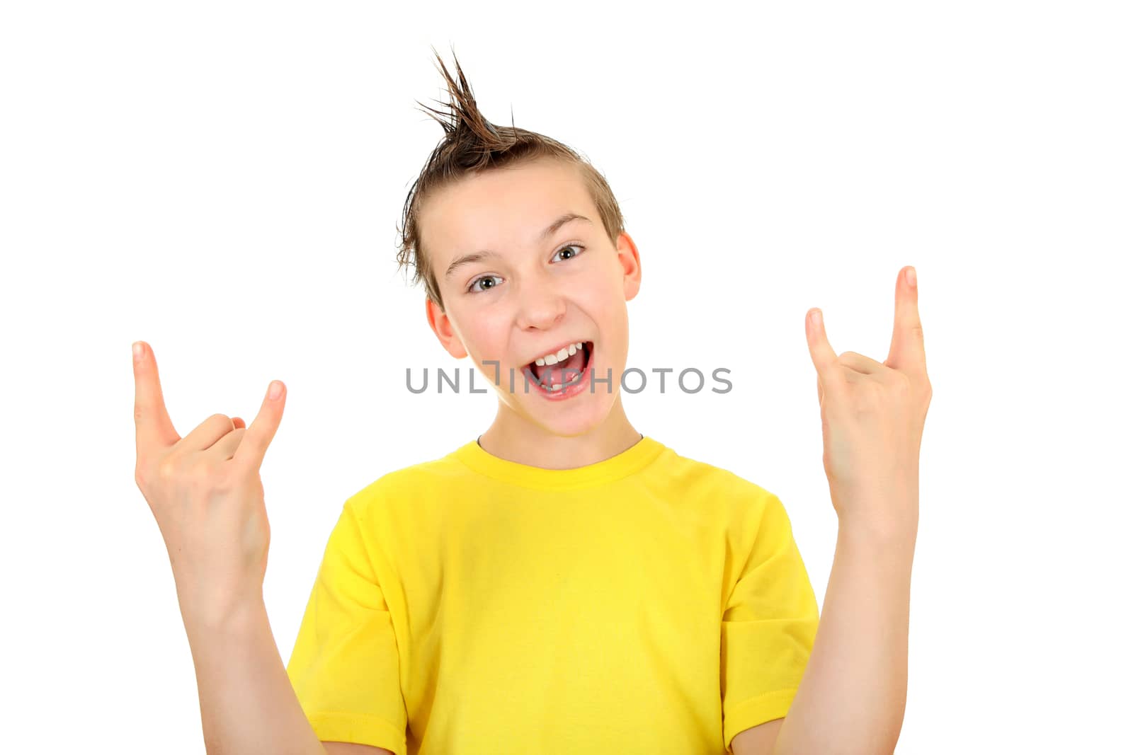 Kid with Sign of the Horns Isolated on the White Background