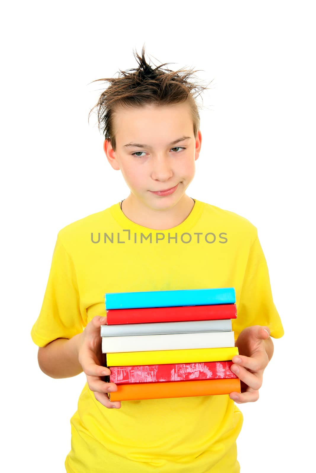 Sad and Tired Schoolboy with the Books on the White Background