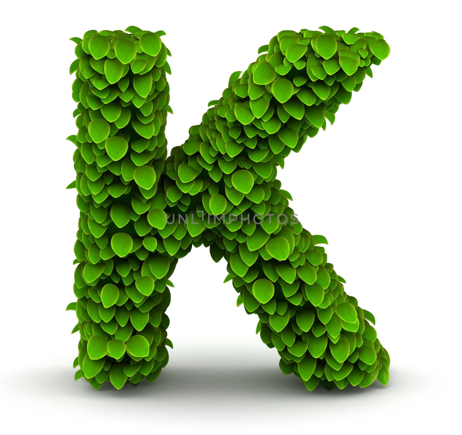 Leaves alphabet font letter K on white background