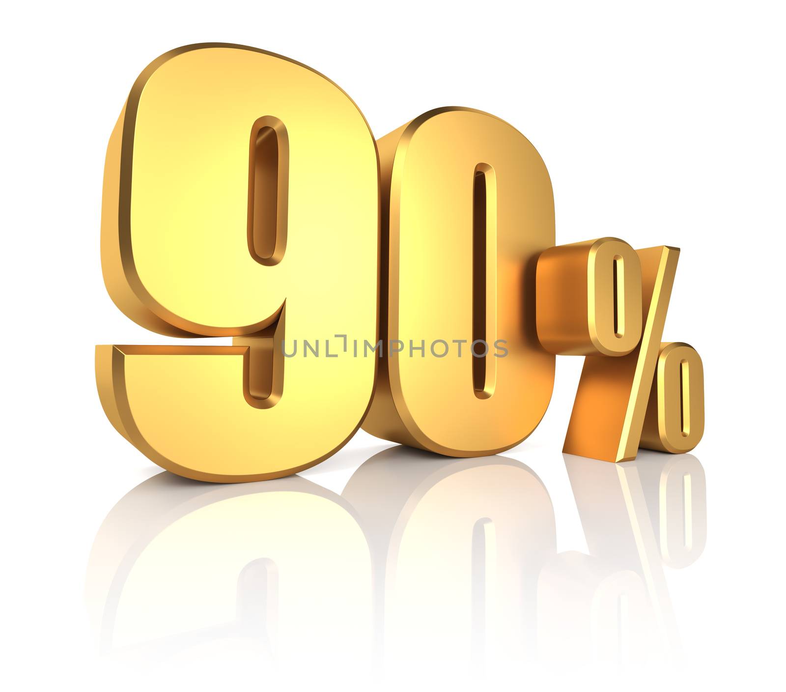 90 percent off on white background. 3d render gold metal discount