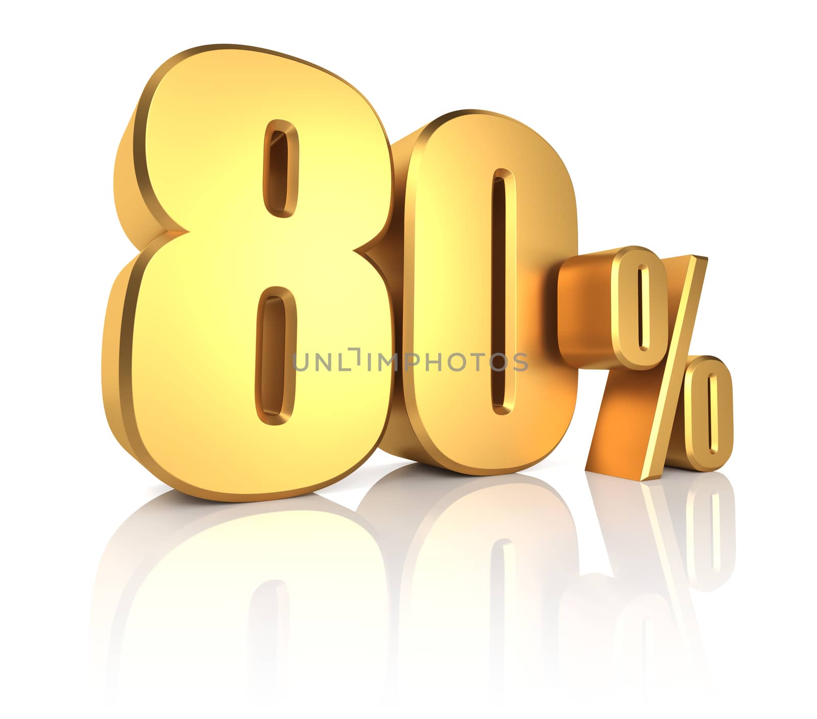 80 percent on white background. 3d render gold metal discount