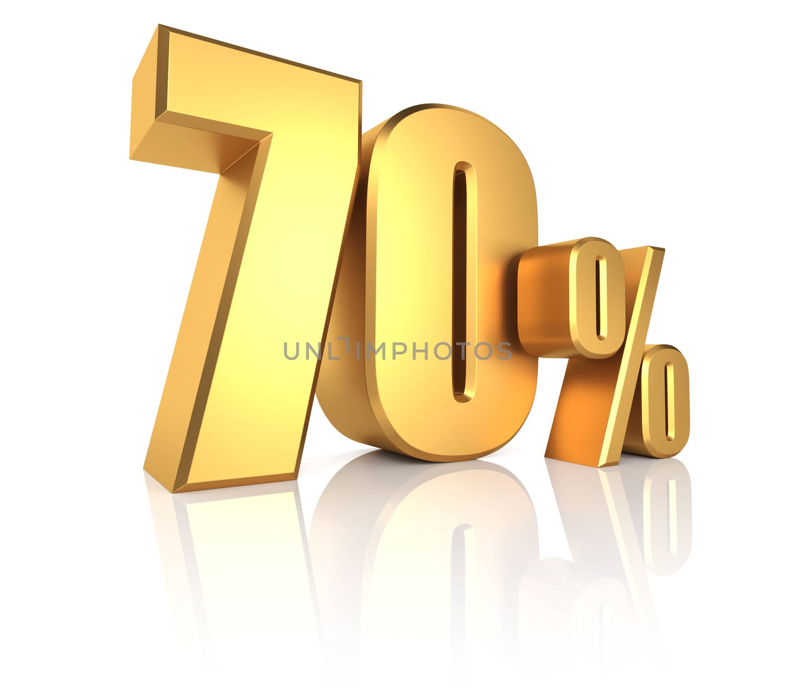 70 percent on white background. 3d render golden metal discount