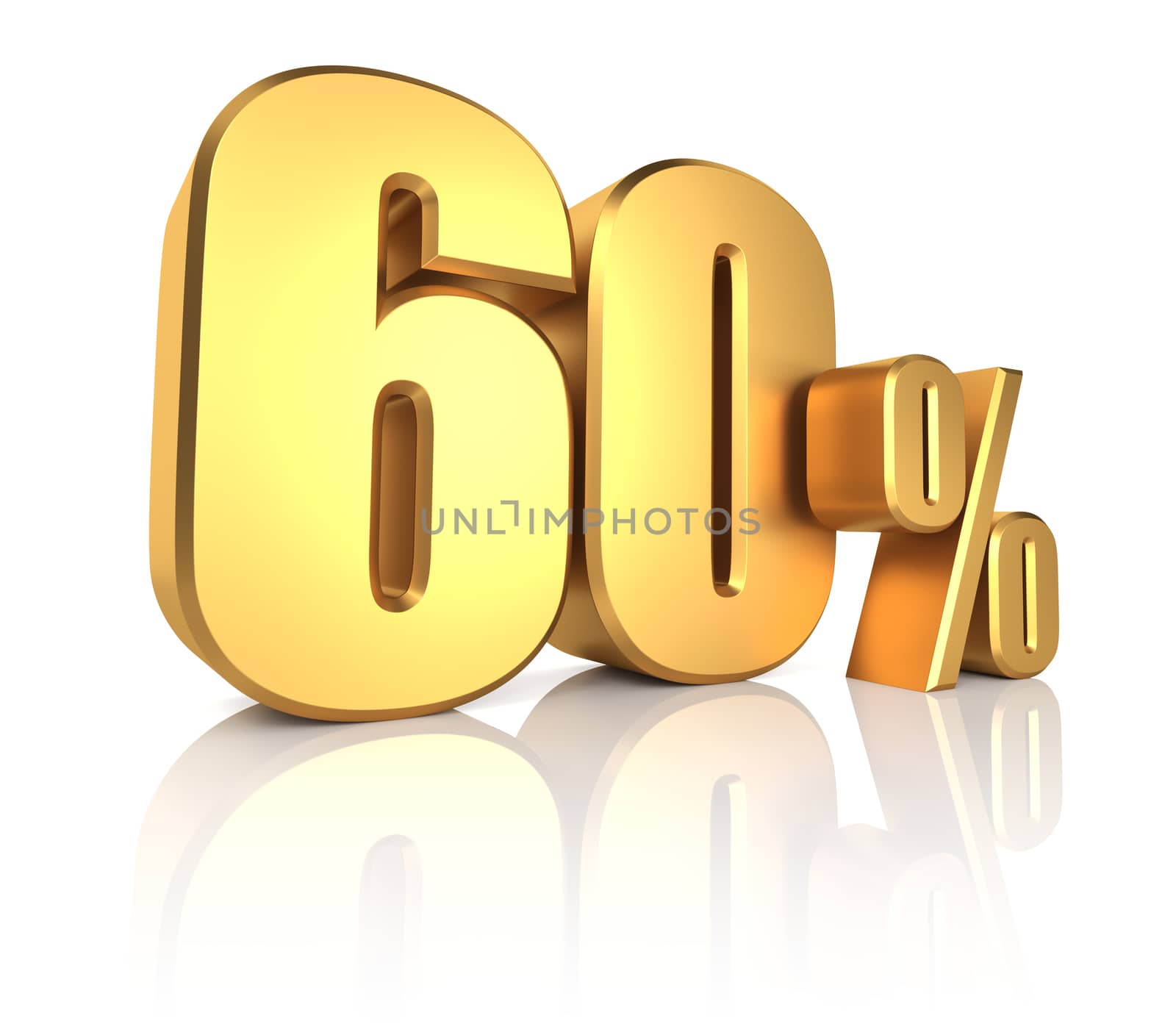 60 percent on white background. 3d render golden metal discount