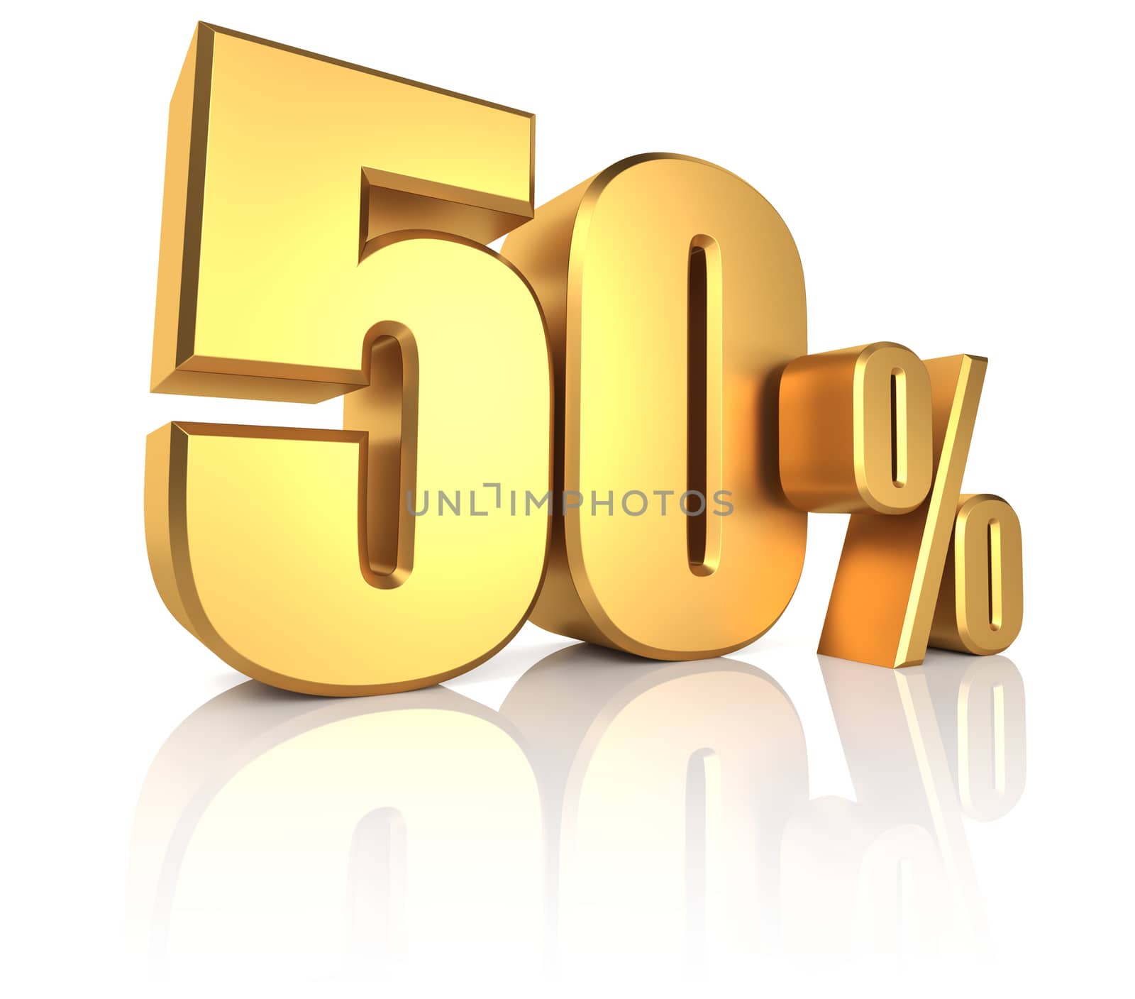 50 percent on white background. 3d rendering gold metal discount