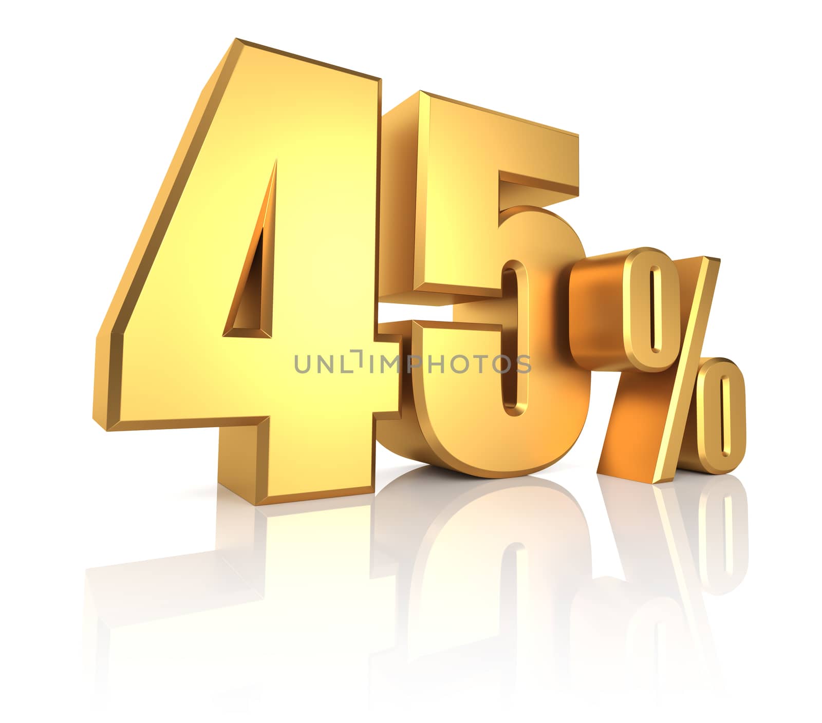 45 percent on white background. 3d rendering gold metal discount