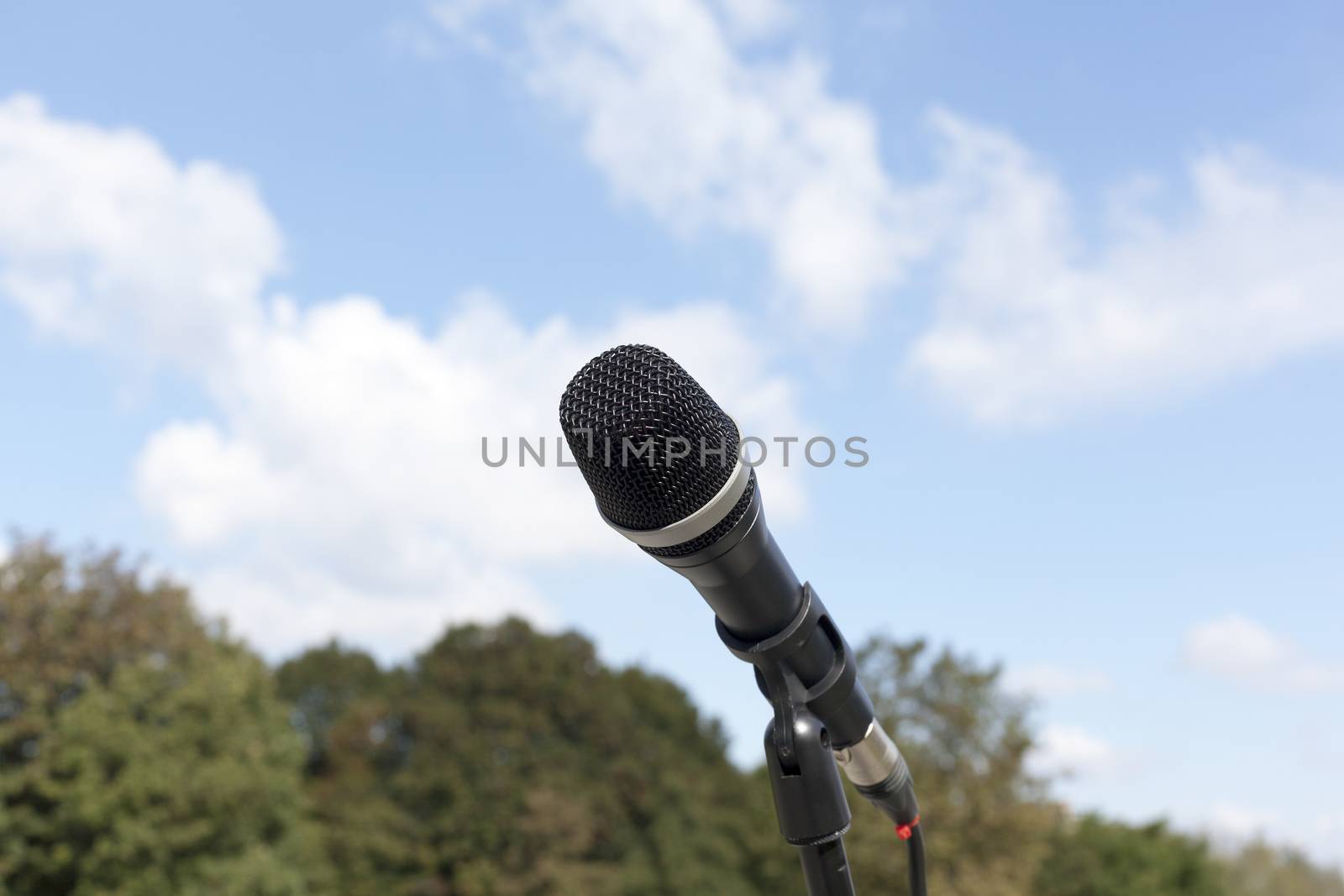 Microphone in focus against blurred trees and sky