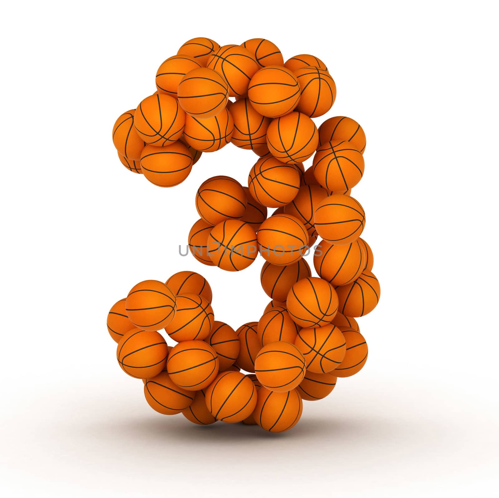 Number 3, alphabet from basketball balls on white bg