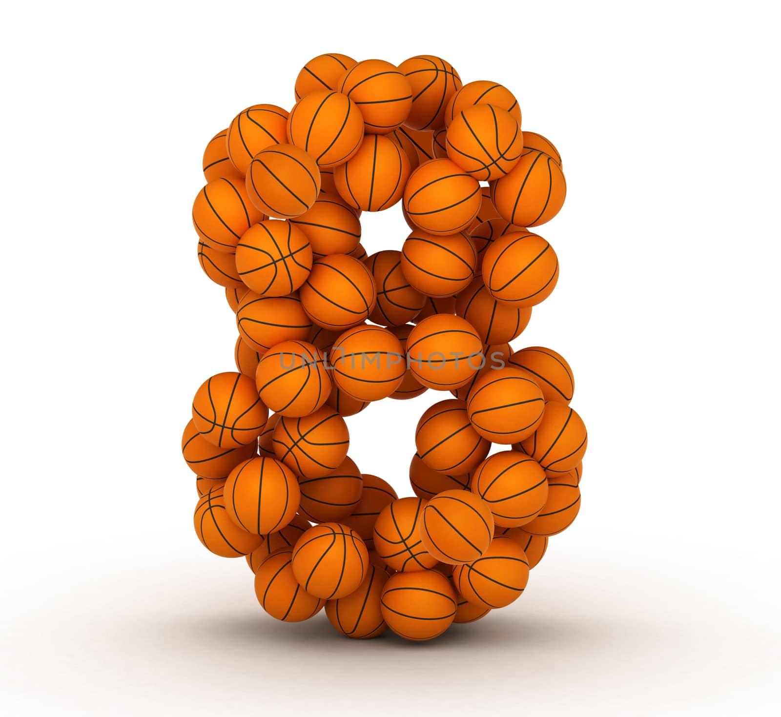 Number 8, alphabet from basketball balls on white bg