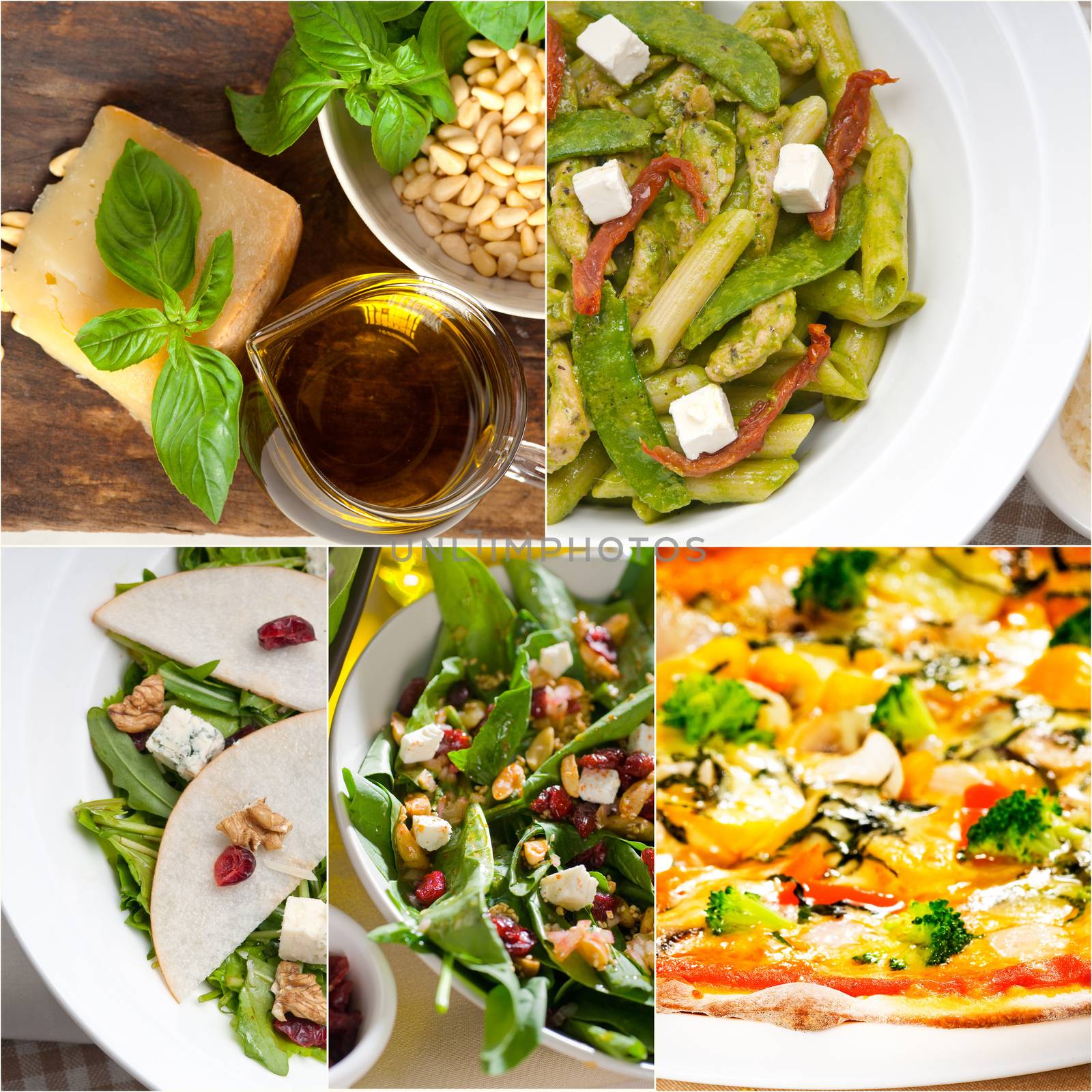 healthy vegetarian pasta soup salad pizza Italian food staples collage