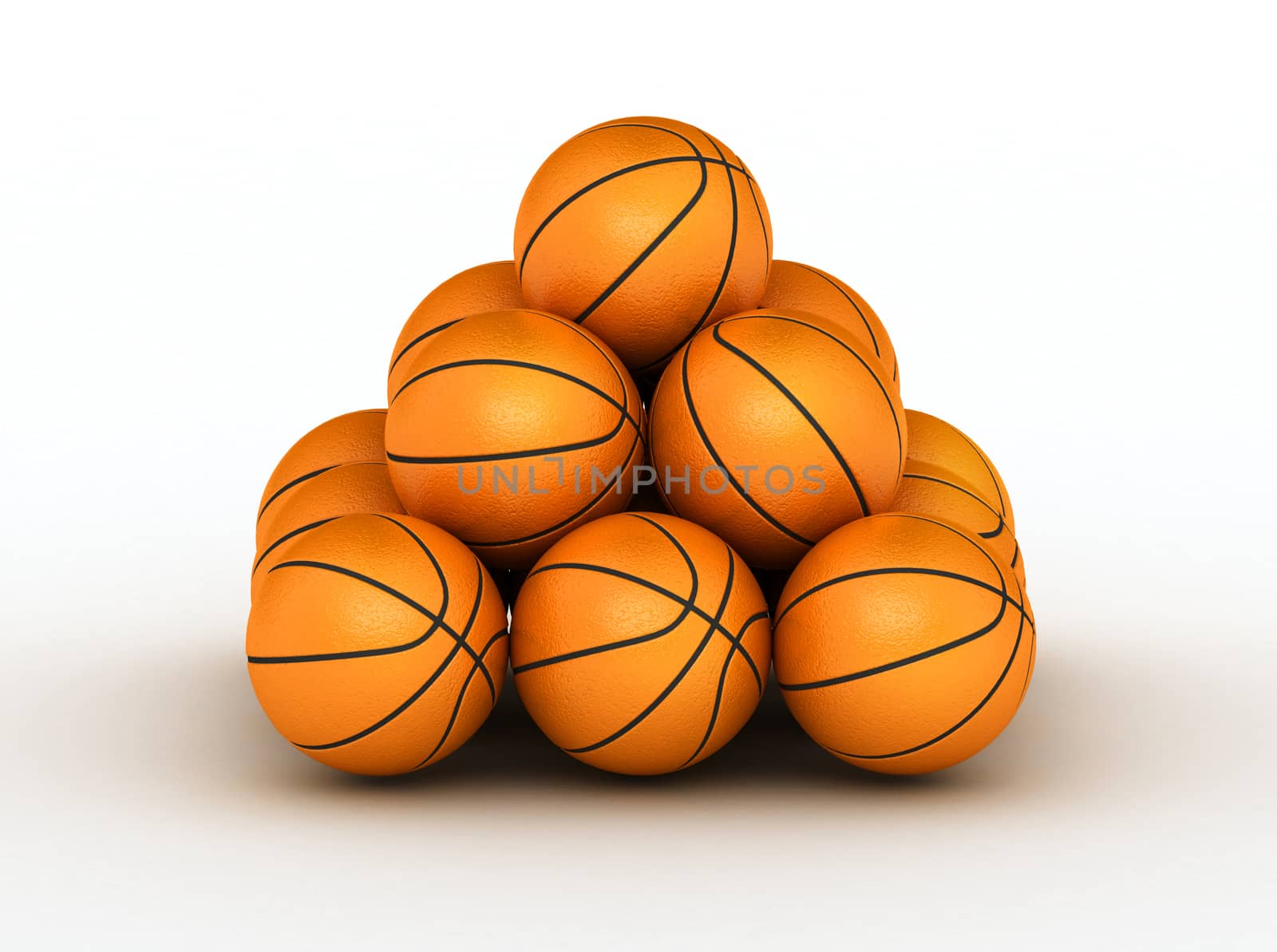 Stack of piled up basketball balls on white bg
