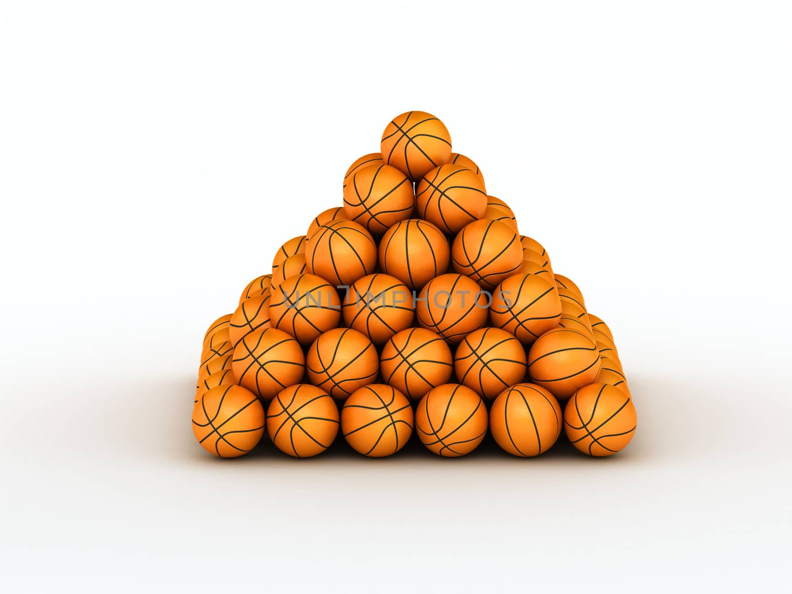 Stack of piled up basketball balls on white bg