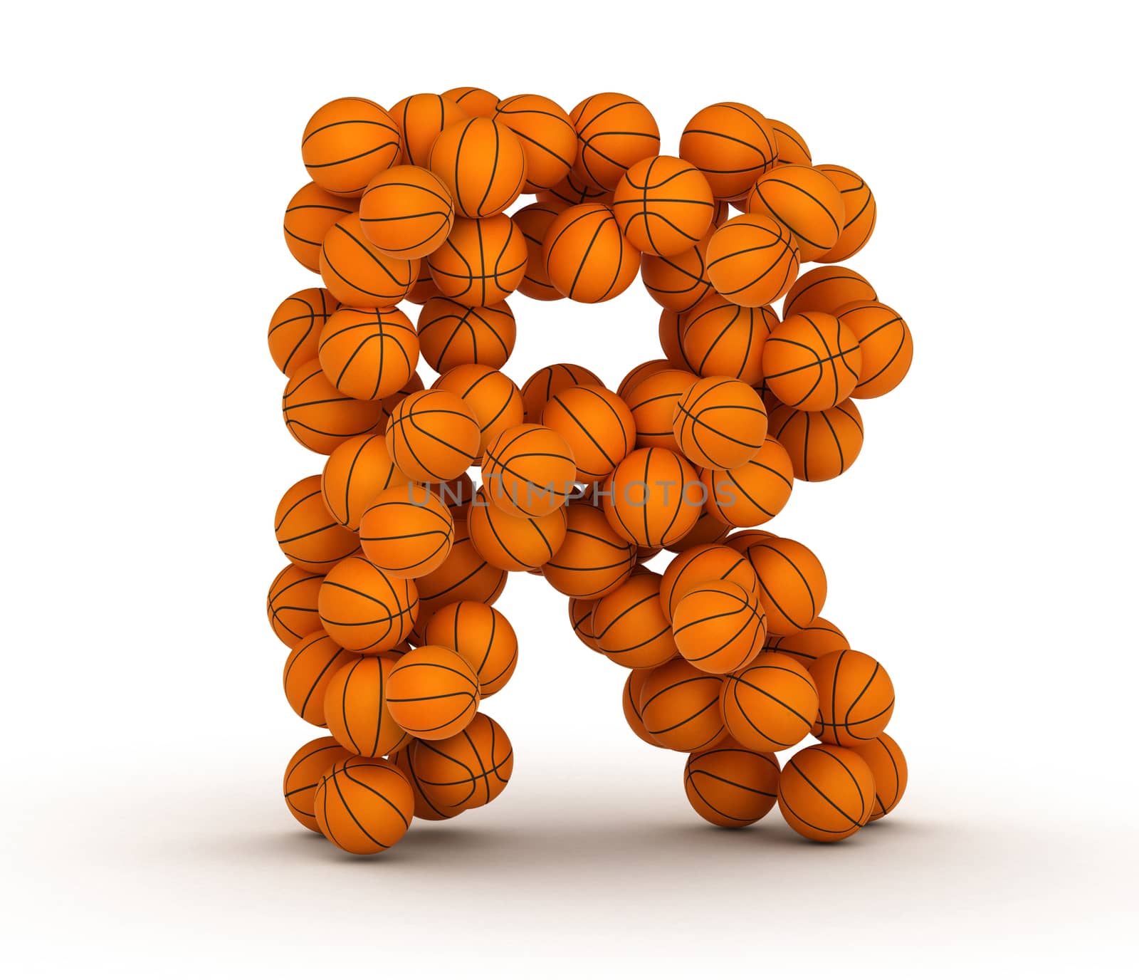 Letter R, alphabet from basketball balls on white bg