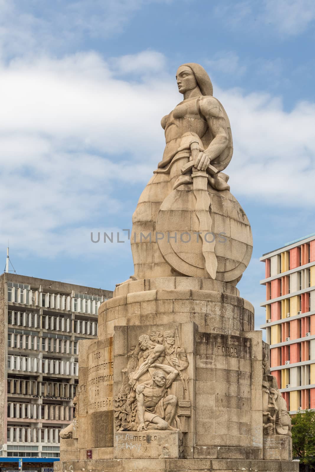 Statue of a woman with a sword and shield on one side and a serpent on the other, erected to commemorate those the Portuguese who died during the first world war in Maputo, Mozambique