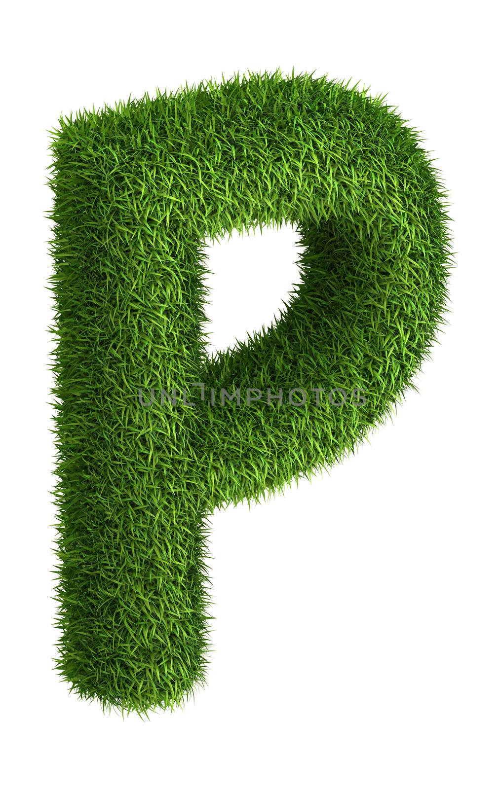 3D Letter P photo realistic isometric projection grass ecology theme on white