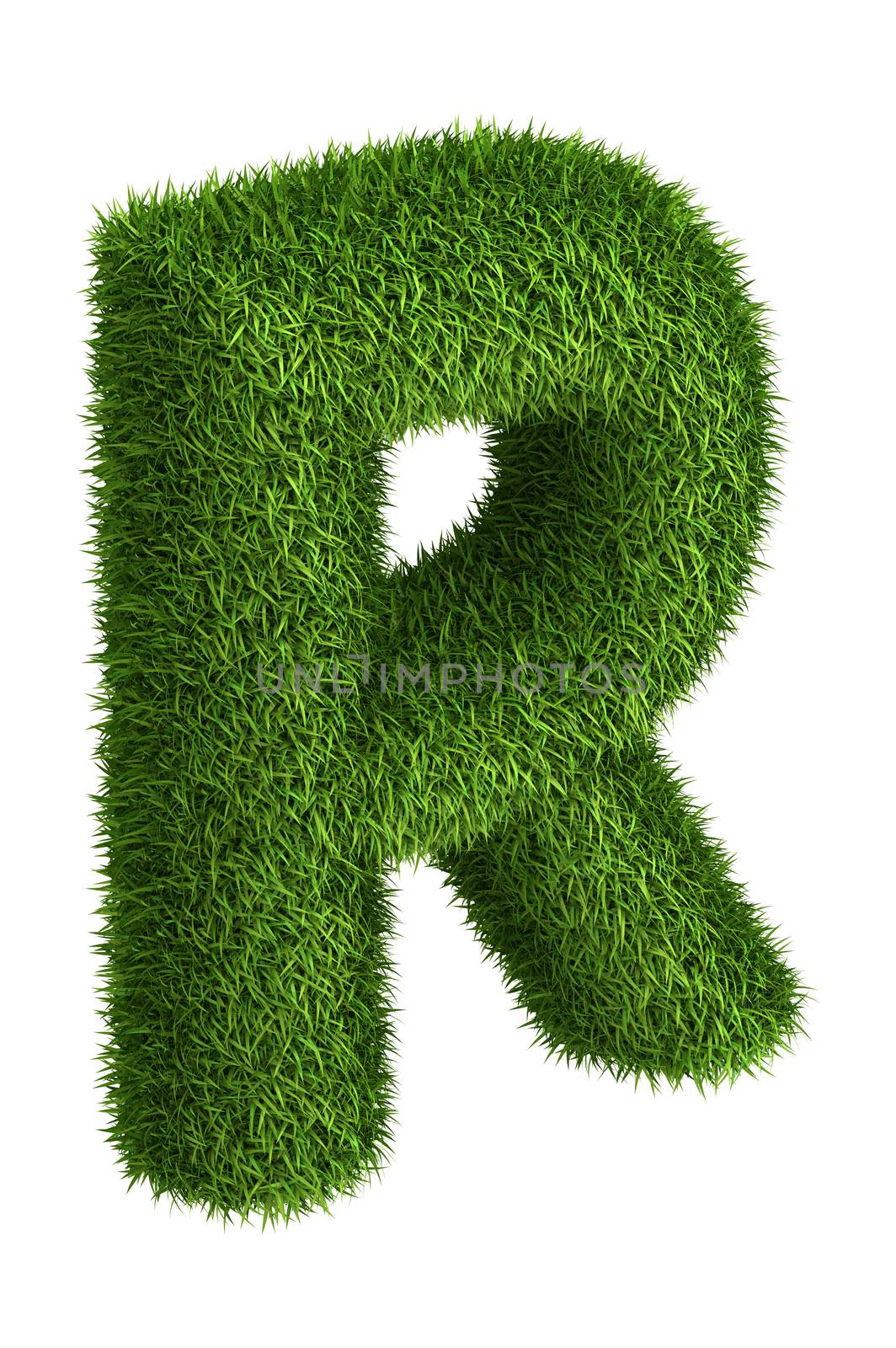 3D Letter R photo realistic isometric projection grass ecology theme on white
