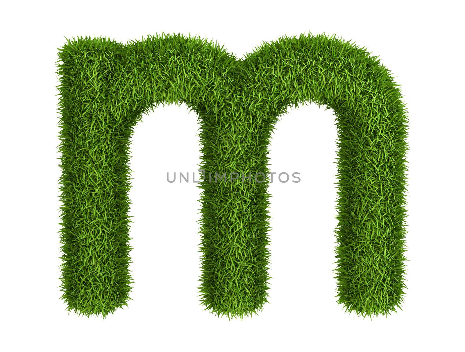 Letter m lowercase photo realistic grass ecology theme on white