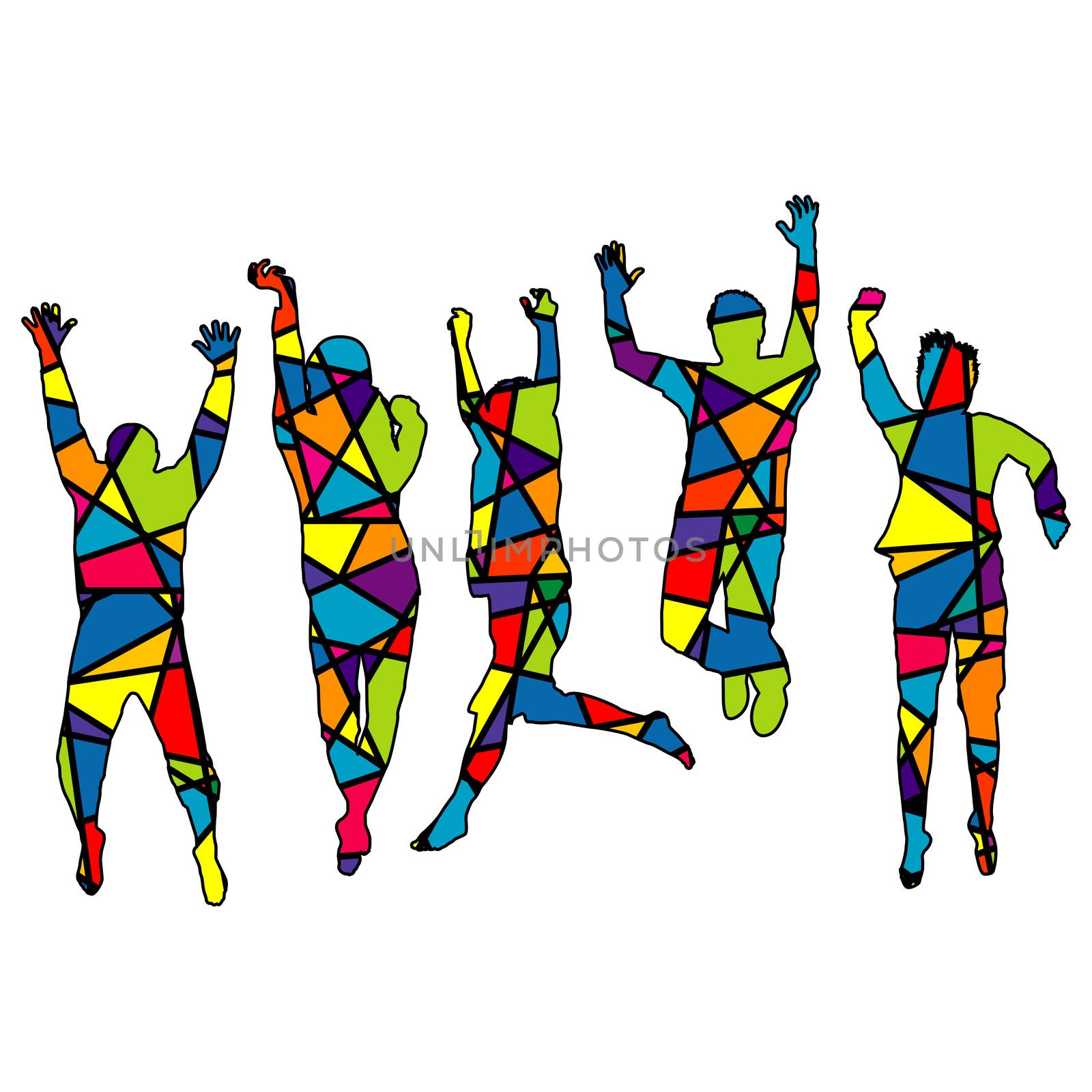 People jumping. Silhouette patterned in colorful mosaic backgrou by hibrida13