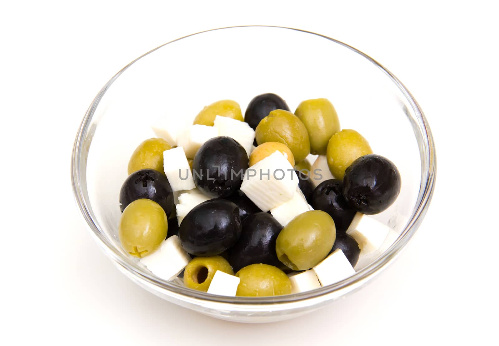 Olives with cheese on bowl on white background